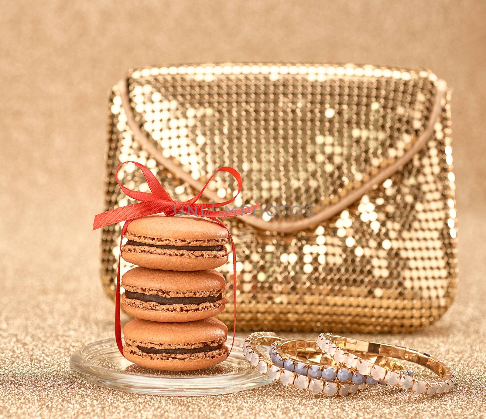 Macarons. Luxury shiny  handbag gold.Vintage,bokeh by 918