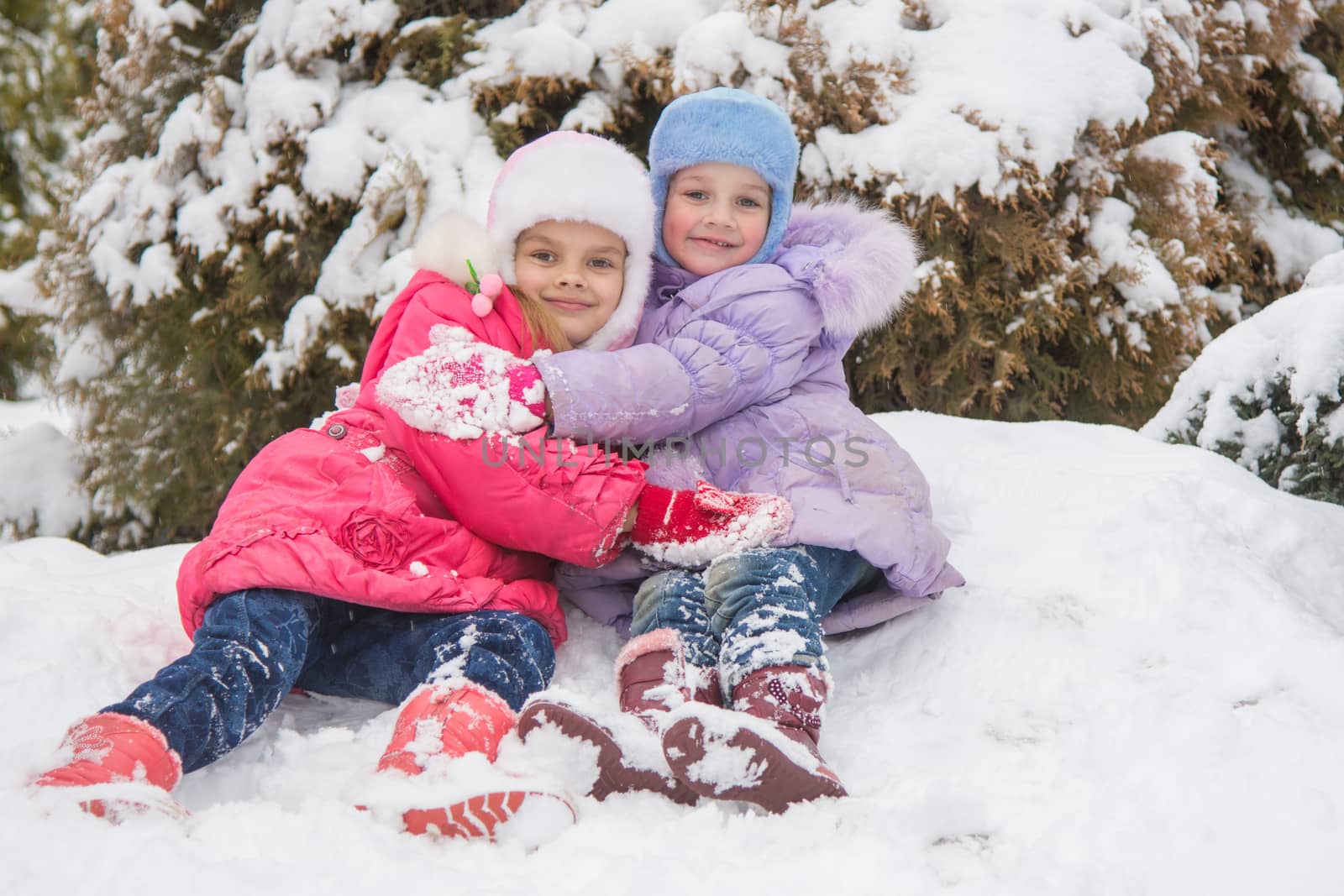 Seven-year and five-year girl sitting in a snowdrift snow against a snowy background Trees