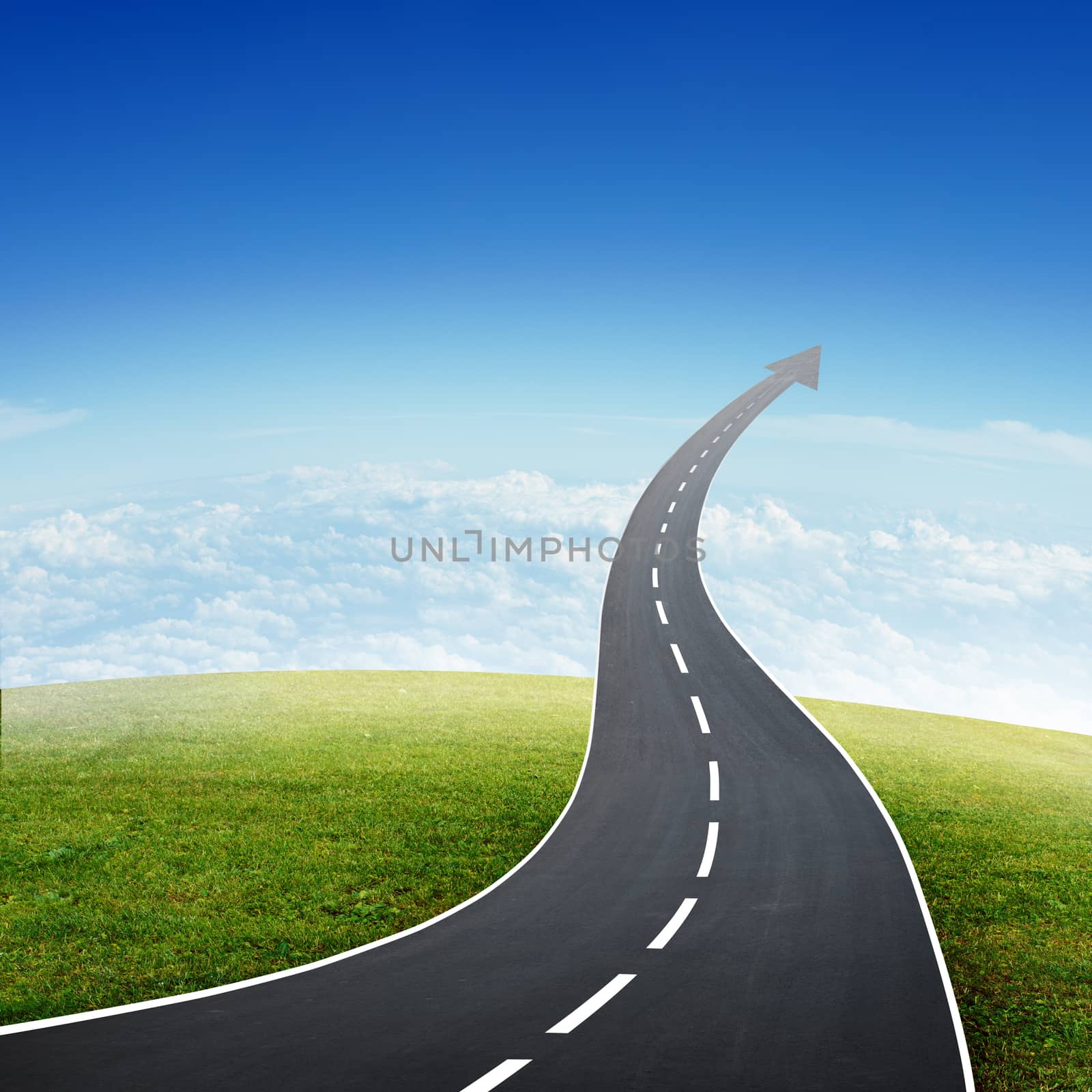Highway road going up llike arrow in sky with clouds