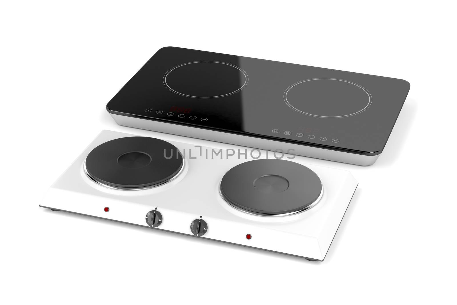 Double hot plate and induction cooktop on white background