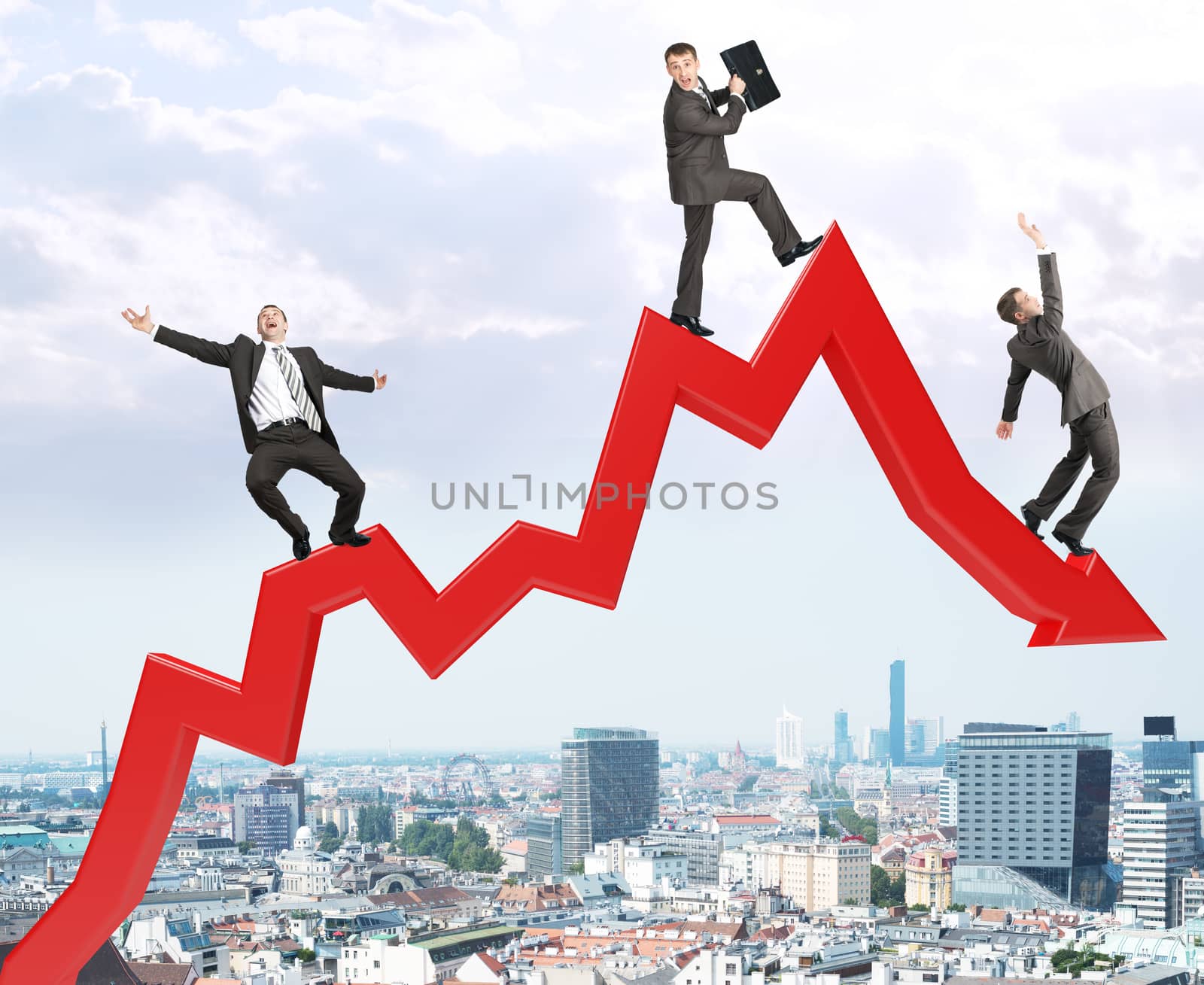 Set of businessmen trying not to fall from arrow on city view background