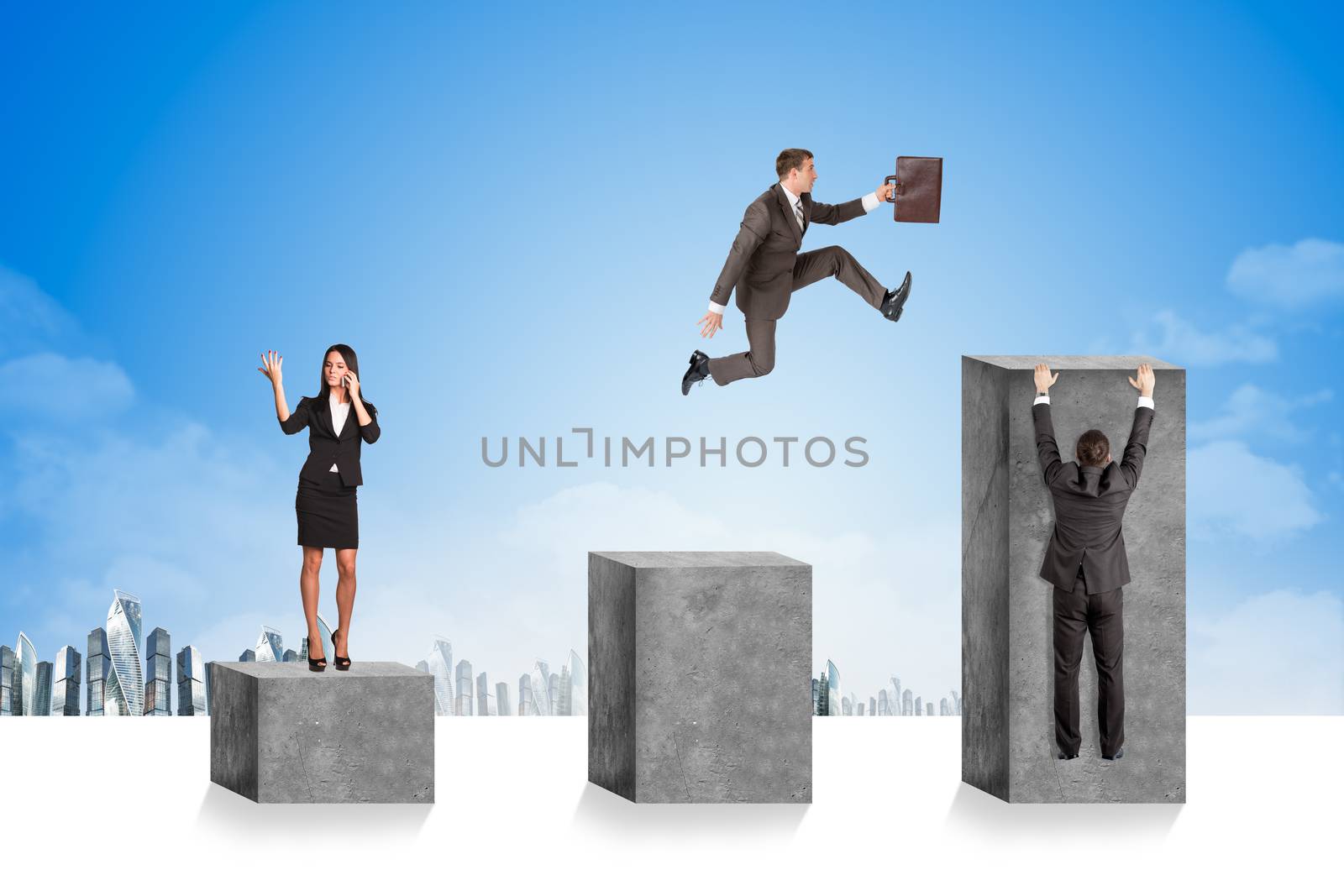 Businesspeople on square stones with cityscape background