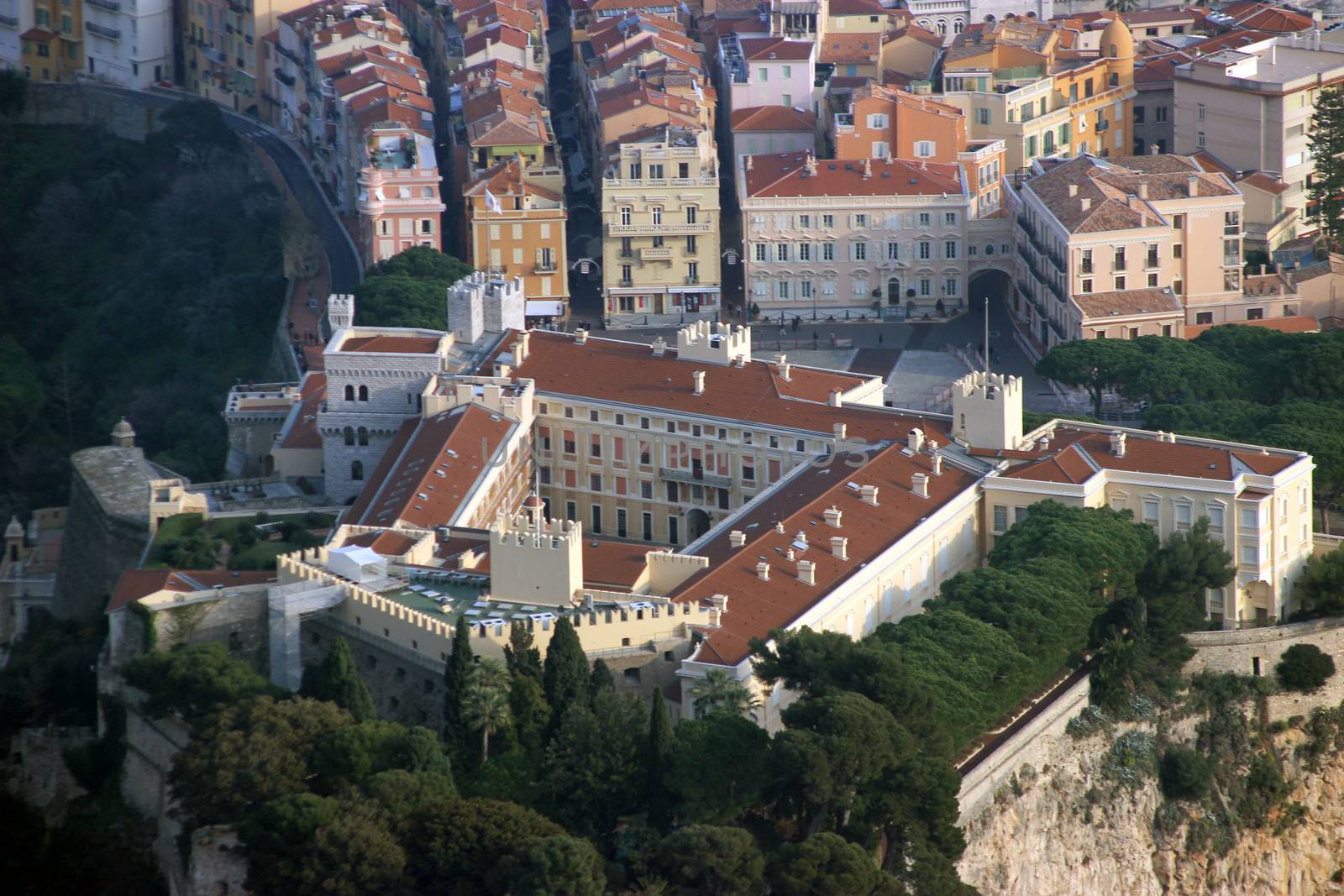 MONACO-VILLE - JAN 23 : Aerial view of the Prince's Palace (Palais du Prince) on The Rock, south of France on January 24, 2016 in Monaco-Ville, Monaco