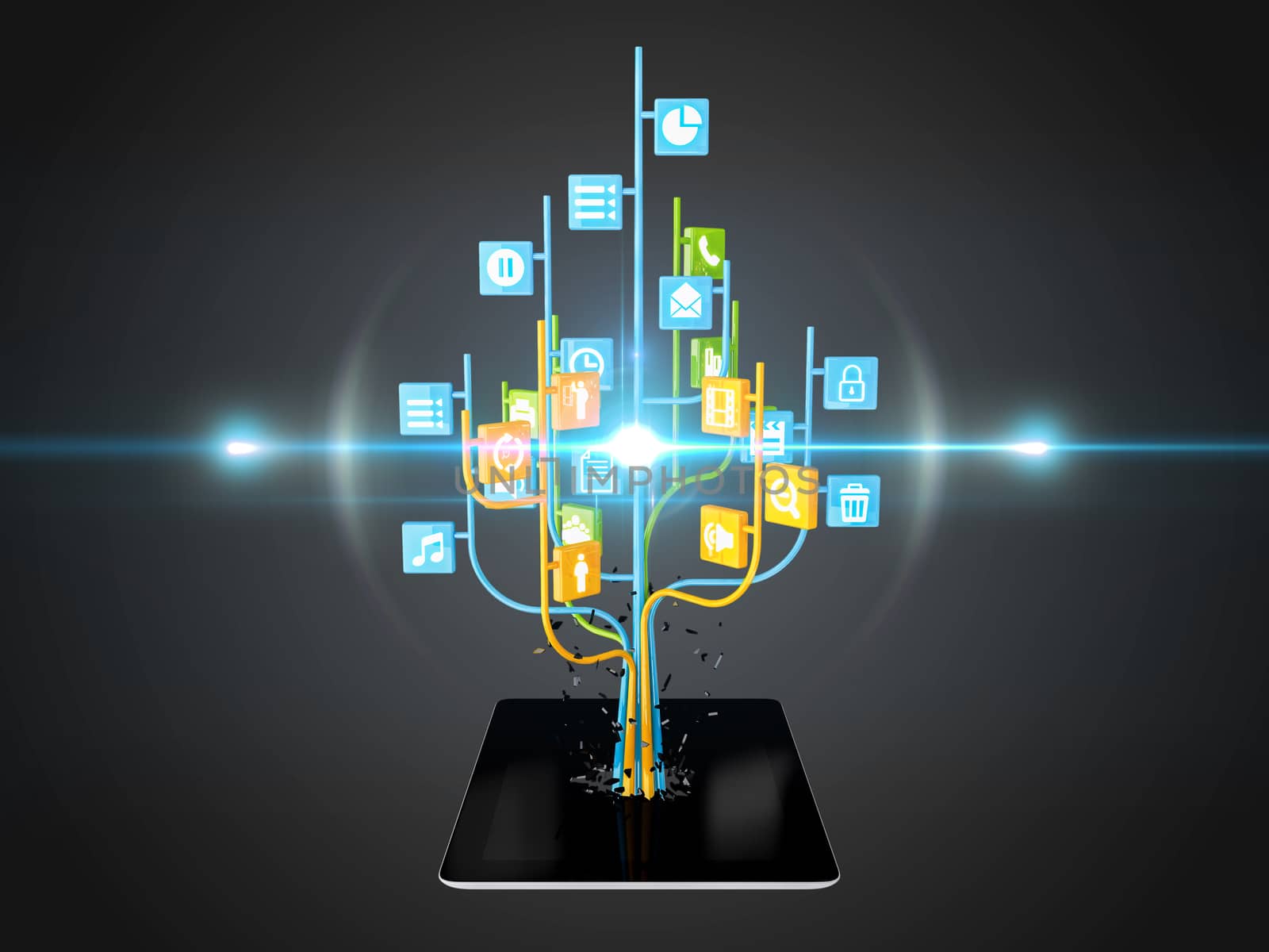 Social media icons set in tree shape on Modern black tablet pc, technology background