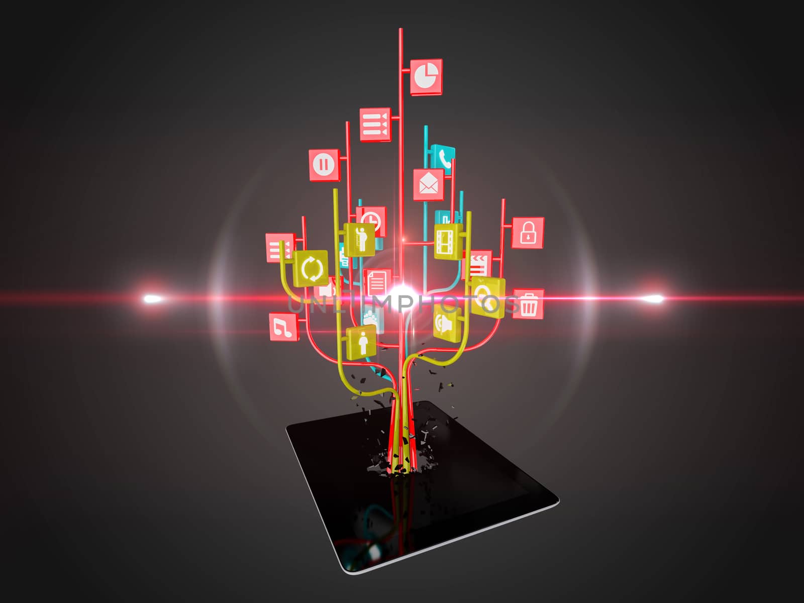 Social media icons set in tree shape on Modern black tablet pc by teerawit