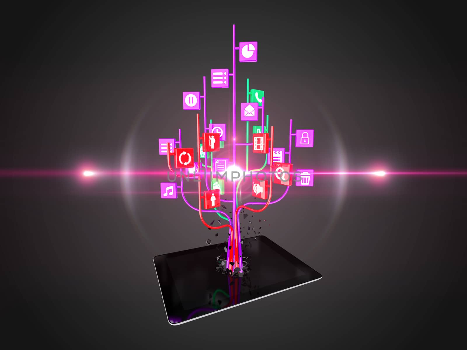 Social media icons set in tree shape on Modern black tablet pc by teerawit