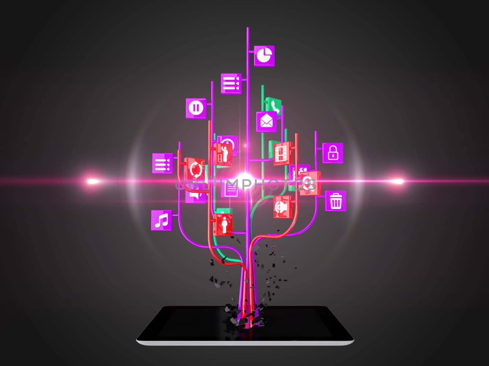 Social media icons set in tree shape on Modern black tablet pc, technology background