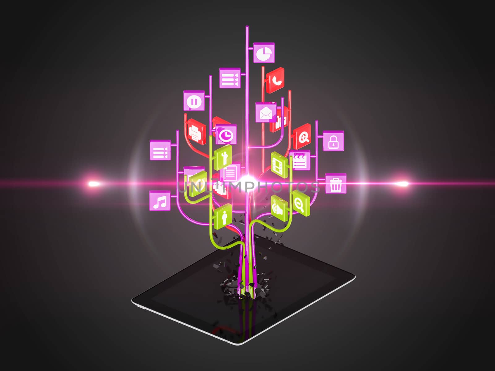 Social media icons set in tree shape on Modern black tablet pc, technology background