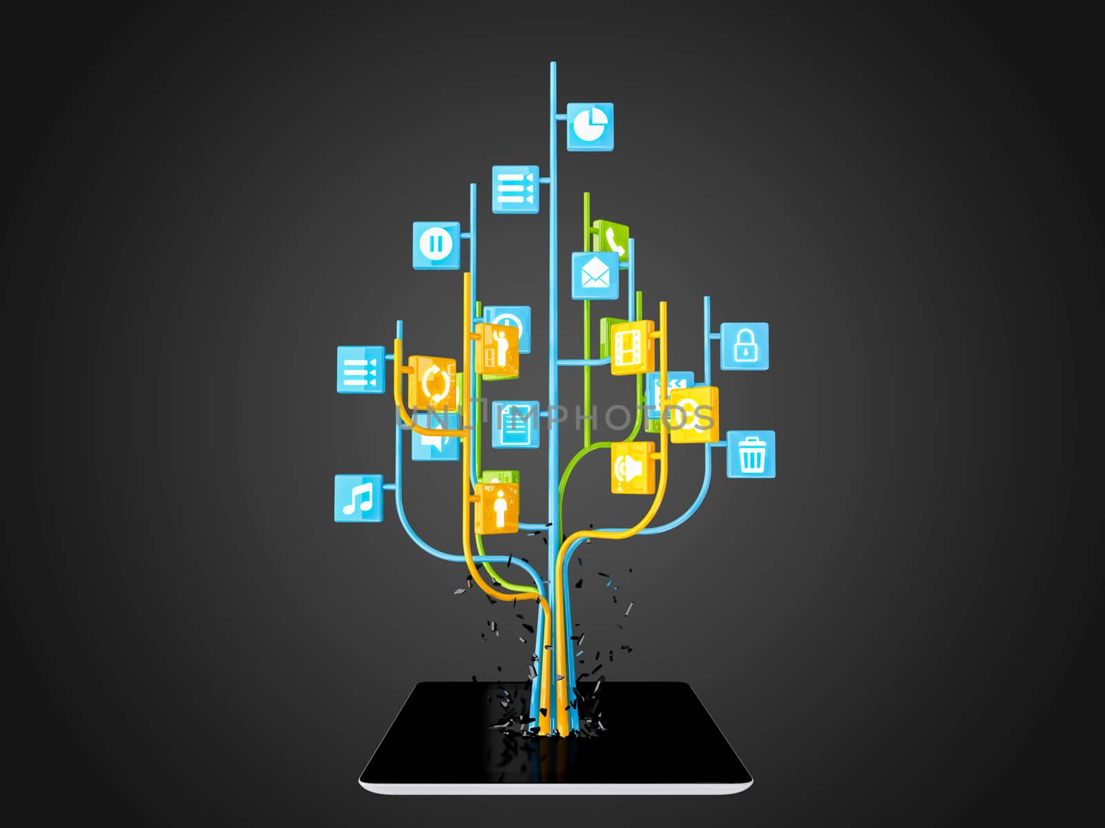 Social media icons set in tree shape on Modern black tablet pc by teerawit