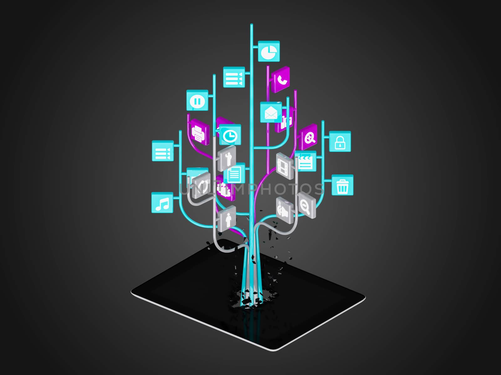 Social media icons set in tree shape on Modern black tablet pc by teerawit