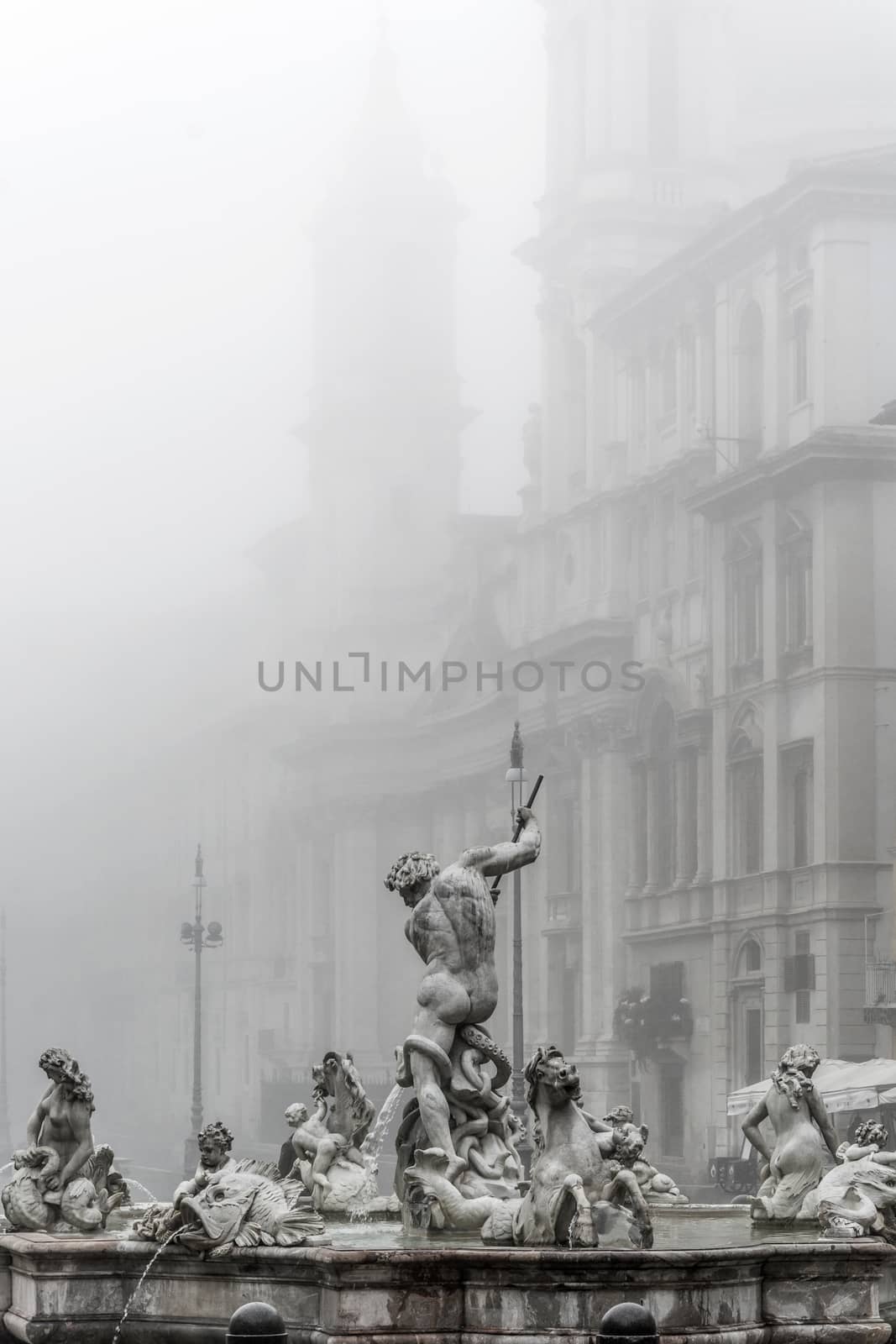 The Fontana del Nettuno (Fountain of Neptune) is a fountain in Rome, Italy, located at the north end of the Piazza Navona. It was once called "Fontana dei Calderari" because it was located close to a small alley with blacksmith's workshops, makers of pots and pans and of other metal based businesses, all of them generating heat.