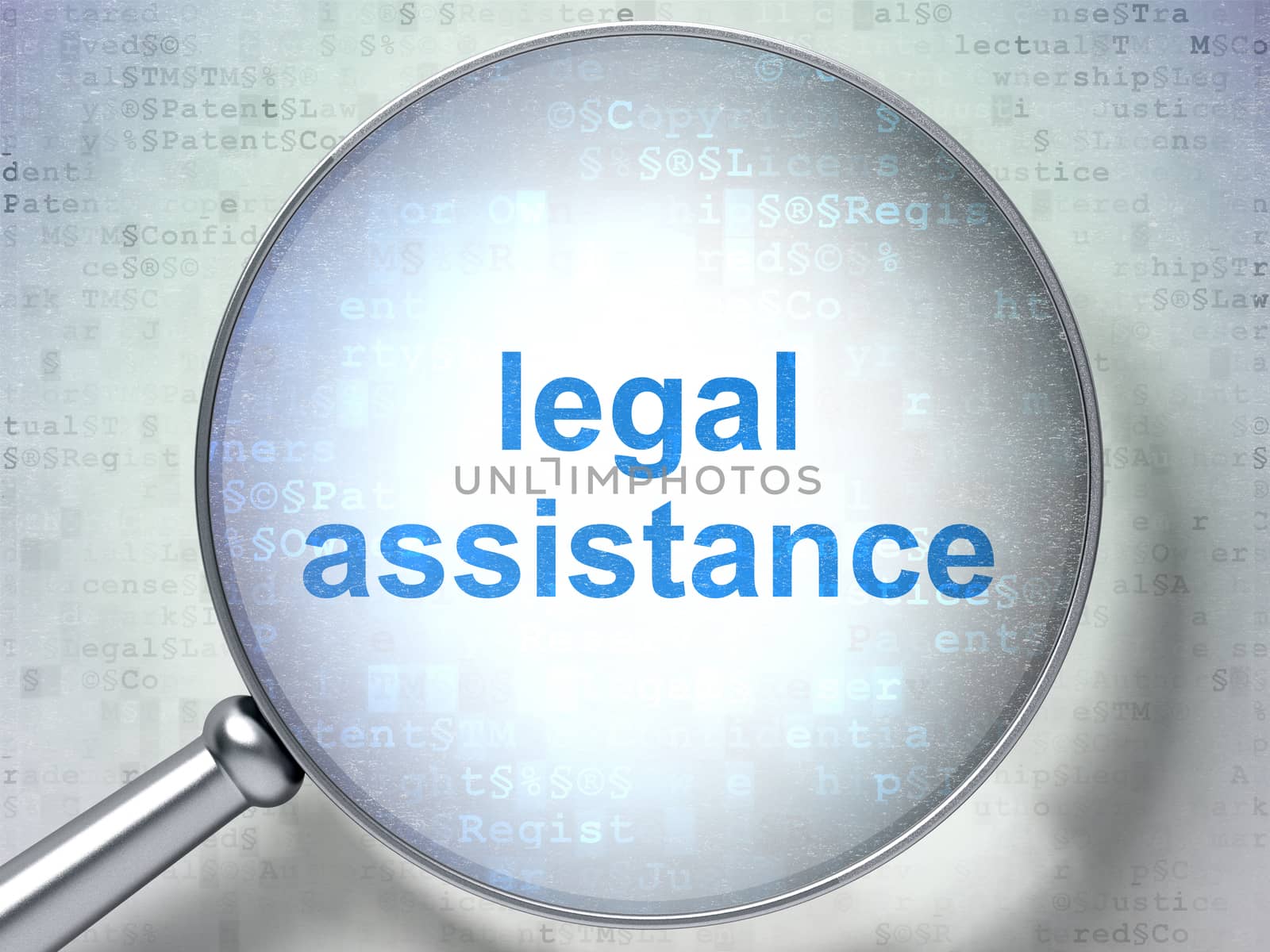 Law concept: magnifying optical glass with words Legal Assistance on digital background