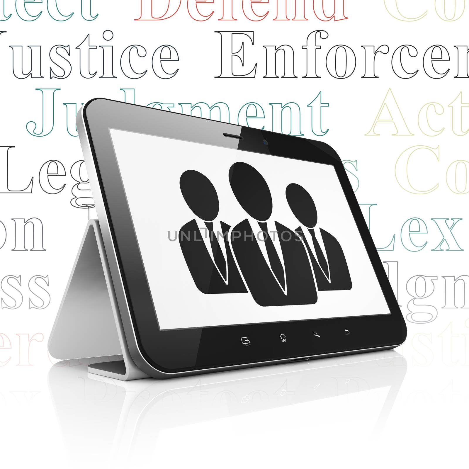 Law concept: Tablet Computer with  black Business People icon on display,  Tag Cloud background