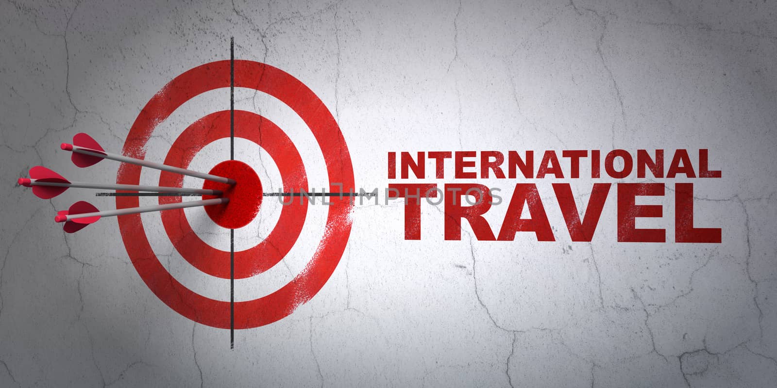 Success tourism concept: arrows hitting the center of target, Red International Travel on wall background