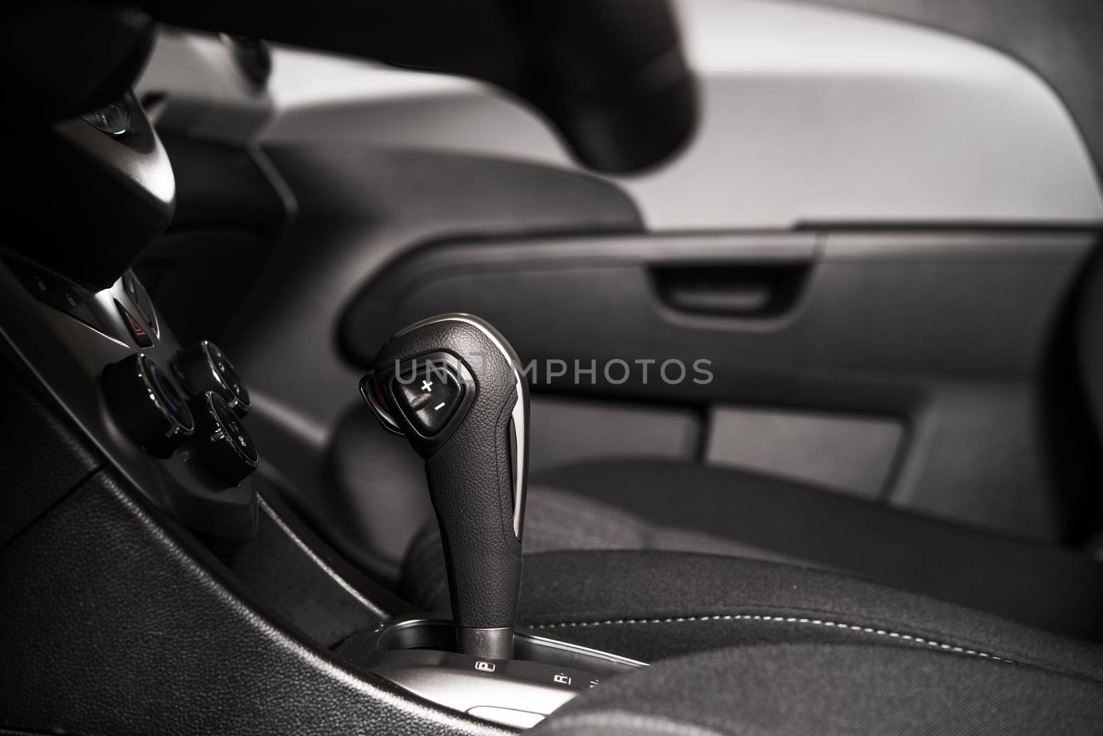 Modern Car Interior Side View. Automatic Transmission Stick.