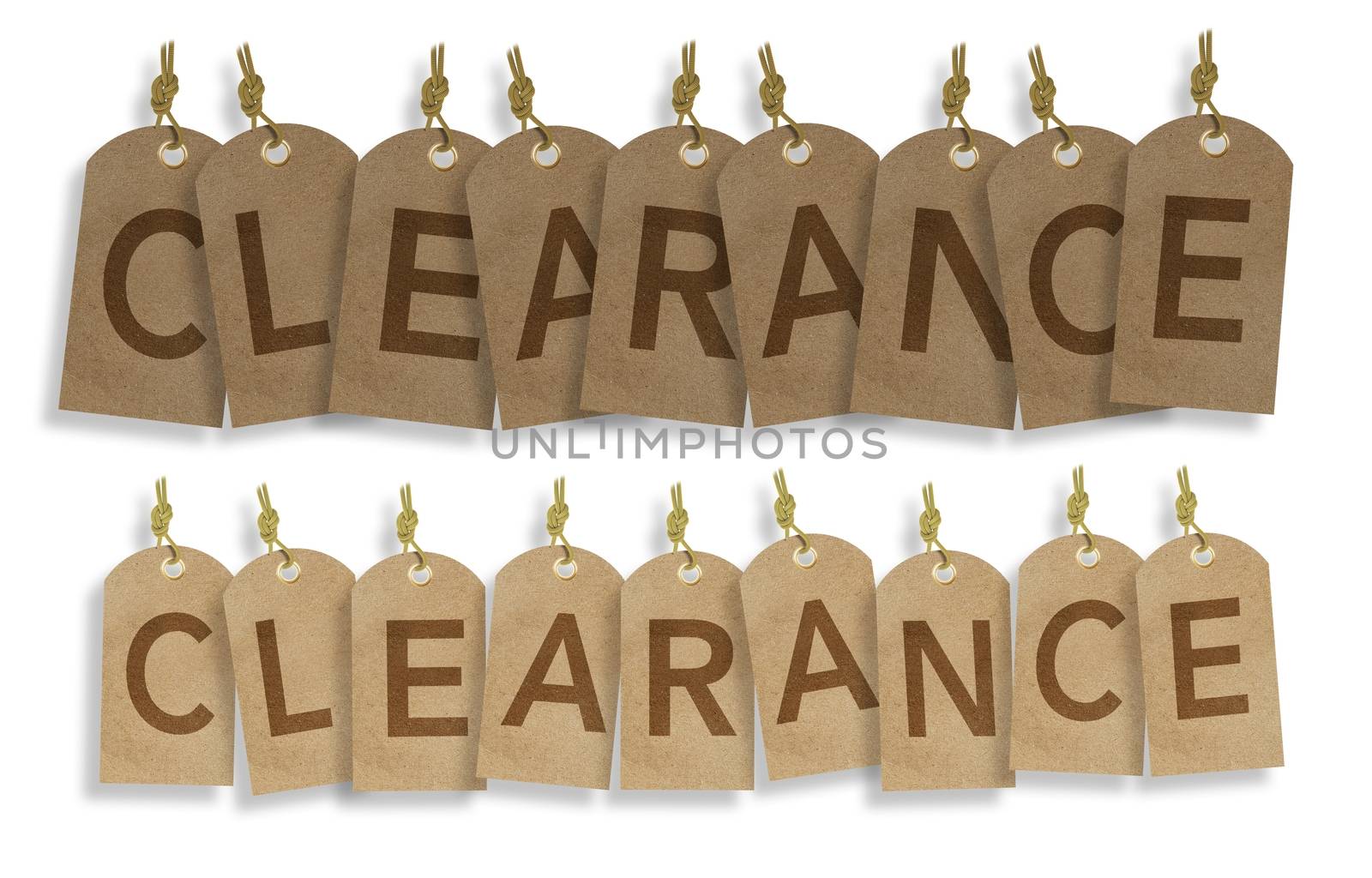 Hanging Clearance Vintage Labels. Paper Labels Creating Word Clearance. Business Marketing Object Isolated on White.