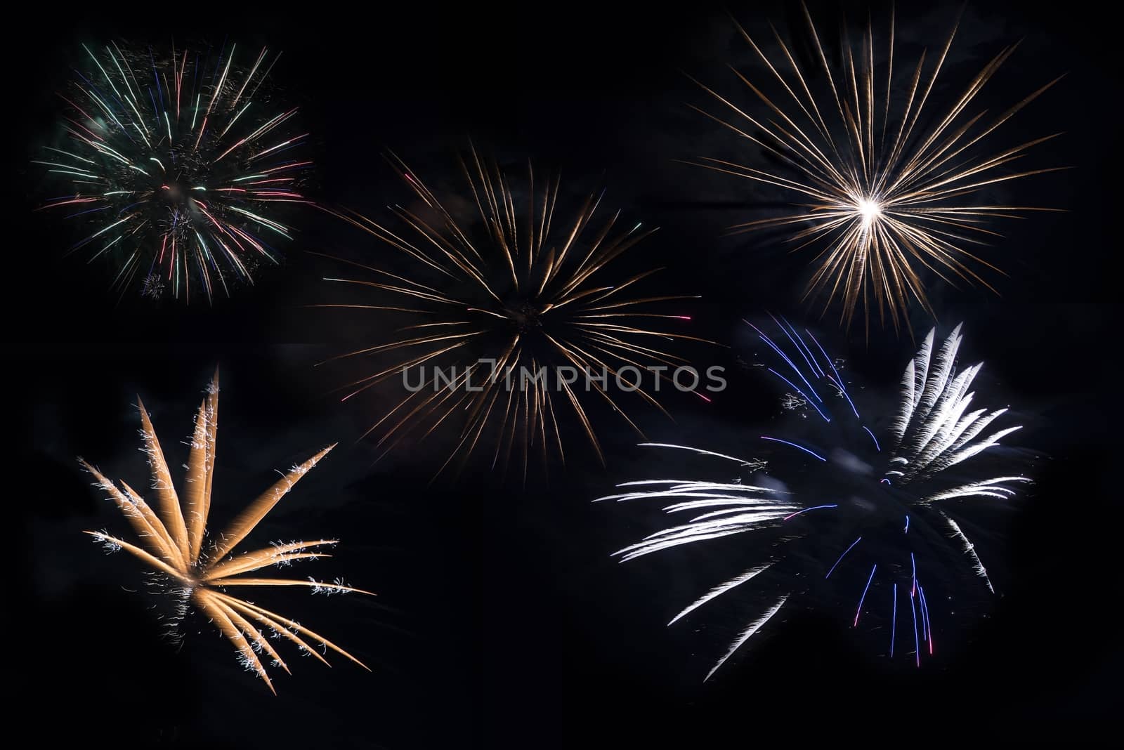 Separated Fireworks Blasts on Solid Black. Five Firework Explosions to Choose From.