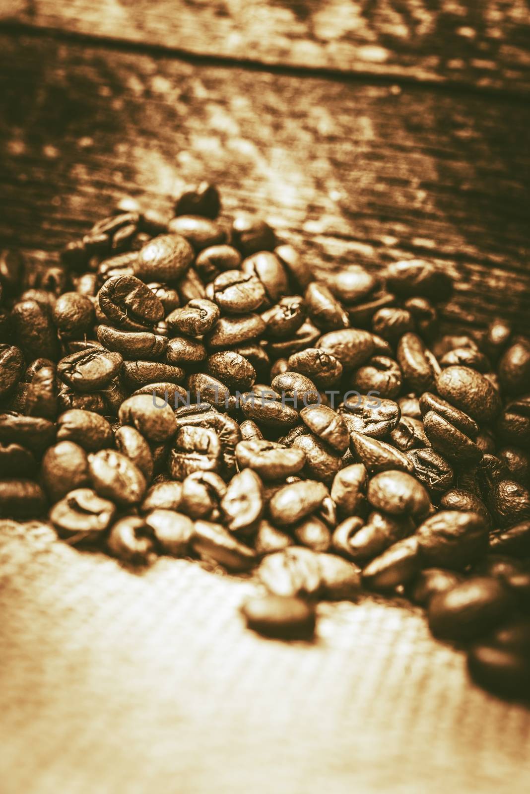 Freshly Roasted Coffee Beans Closeup Photo. Vintage Color Grading Coffee Concept.