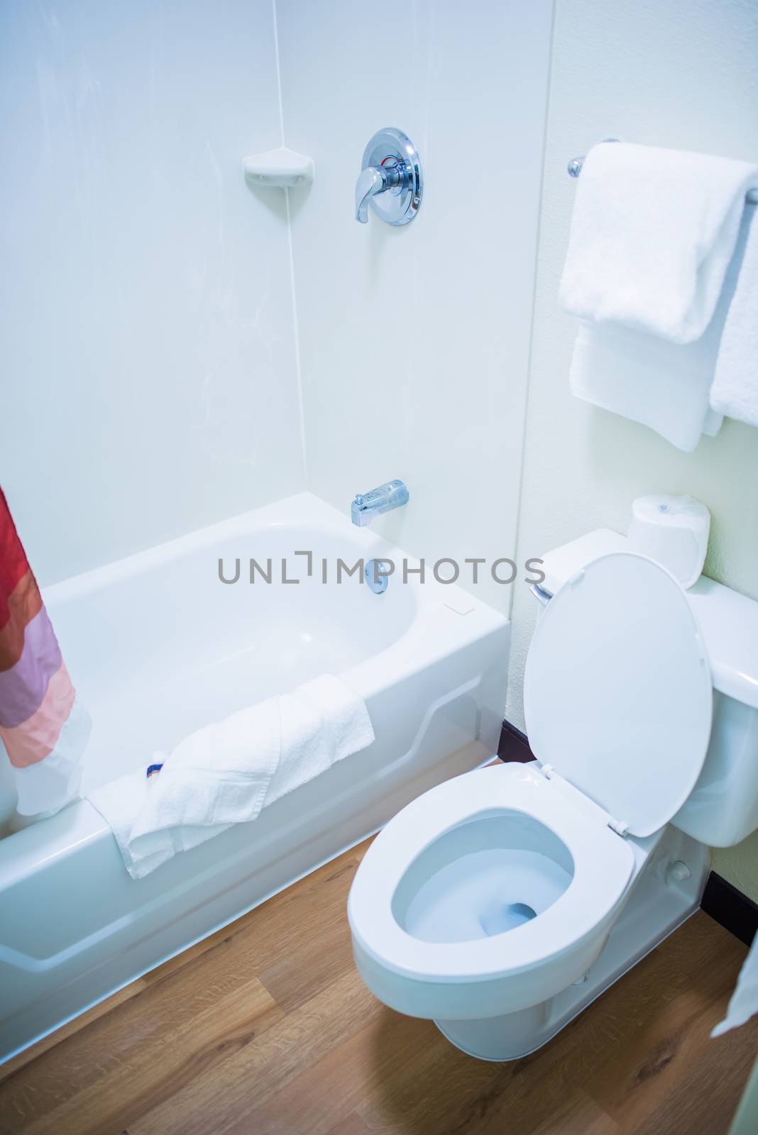 Small Bathroom with Bath Tube and Toilet. Vertical Bathroom Photo.