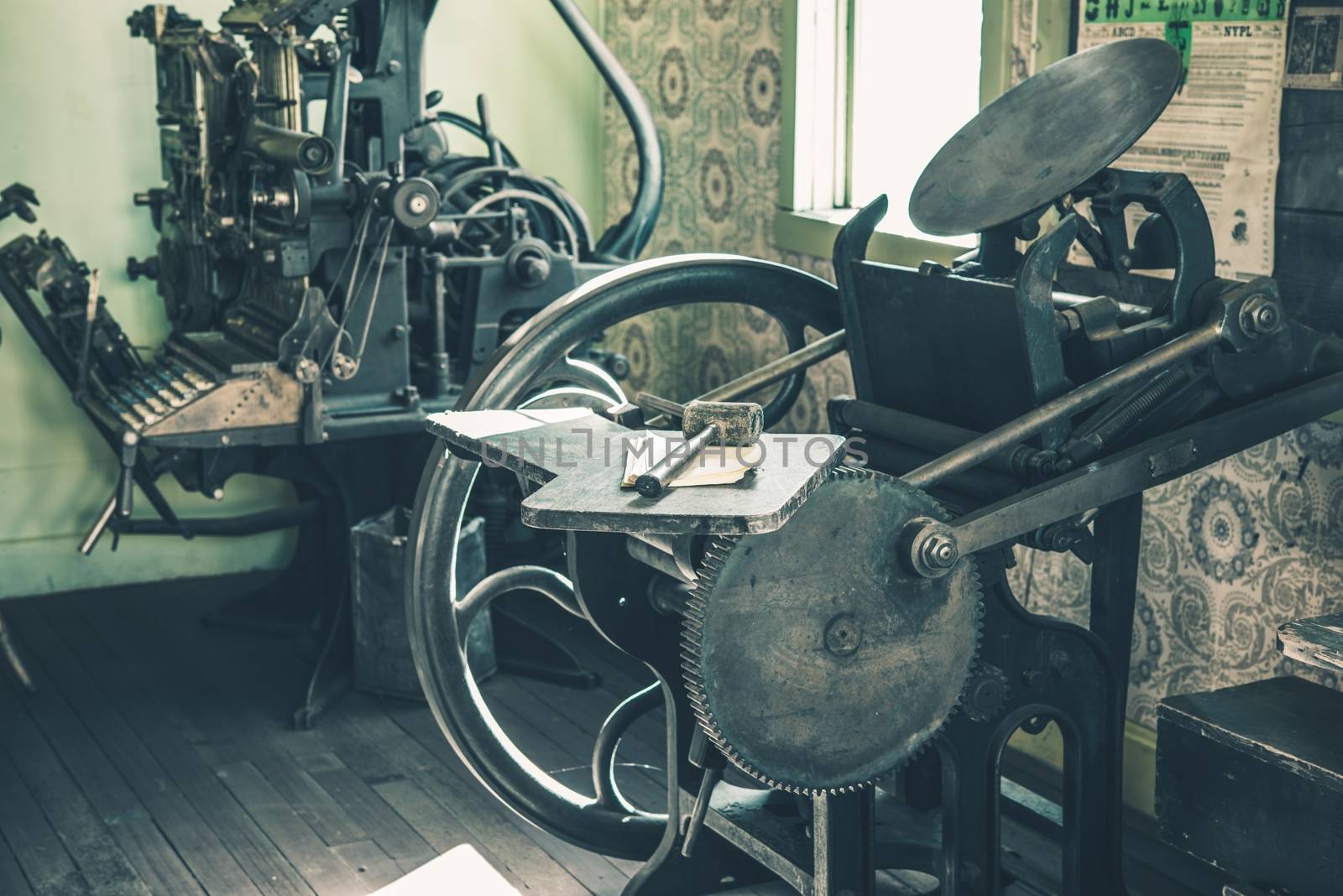 Vintage Printing Shop. Aged Newspaper Printing Equipment