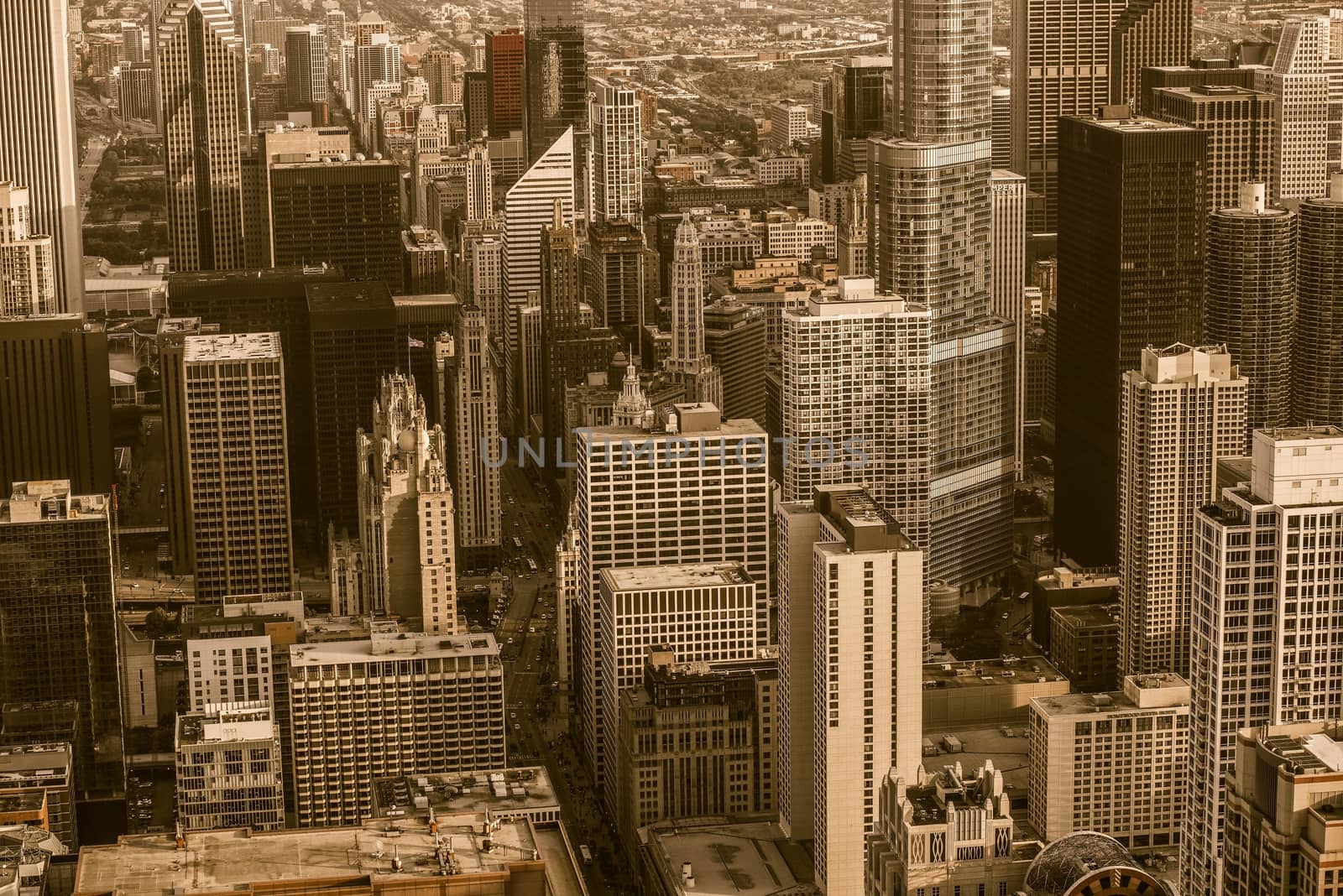 Vintage Chicago. Downtown Chicago in Vintage Sepia Color Grading. Aerial City Center View.