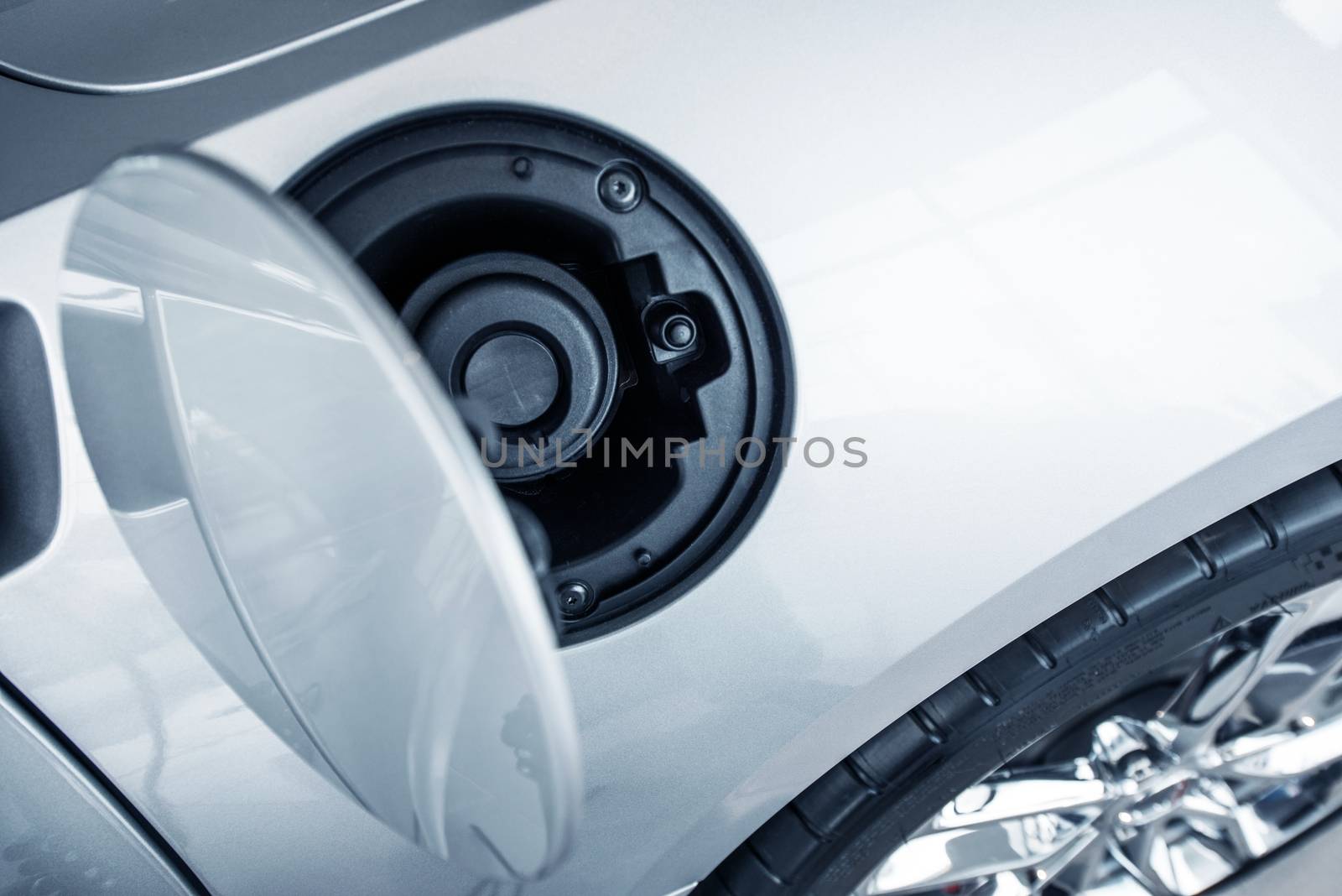 Silver Car Body and Fuel Inlet Closeup.