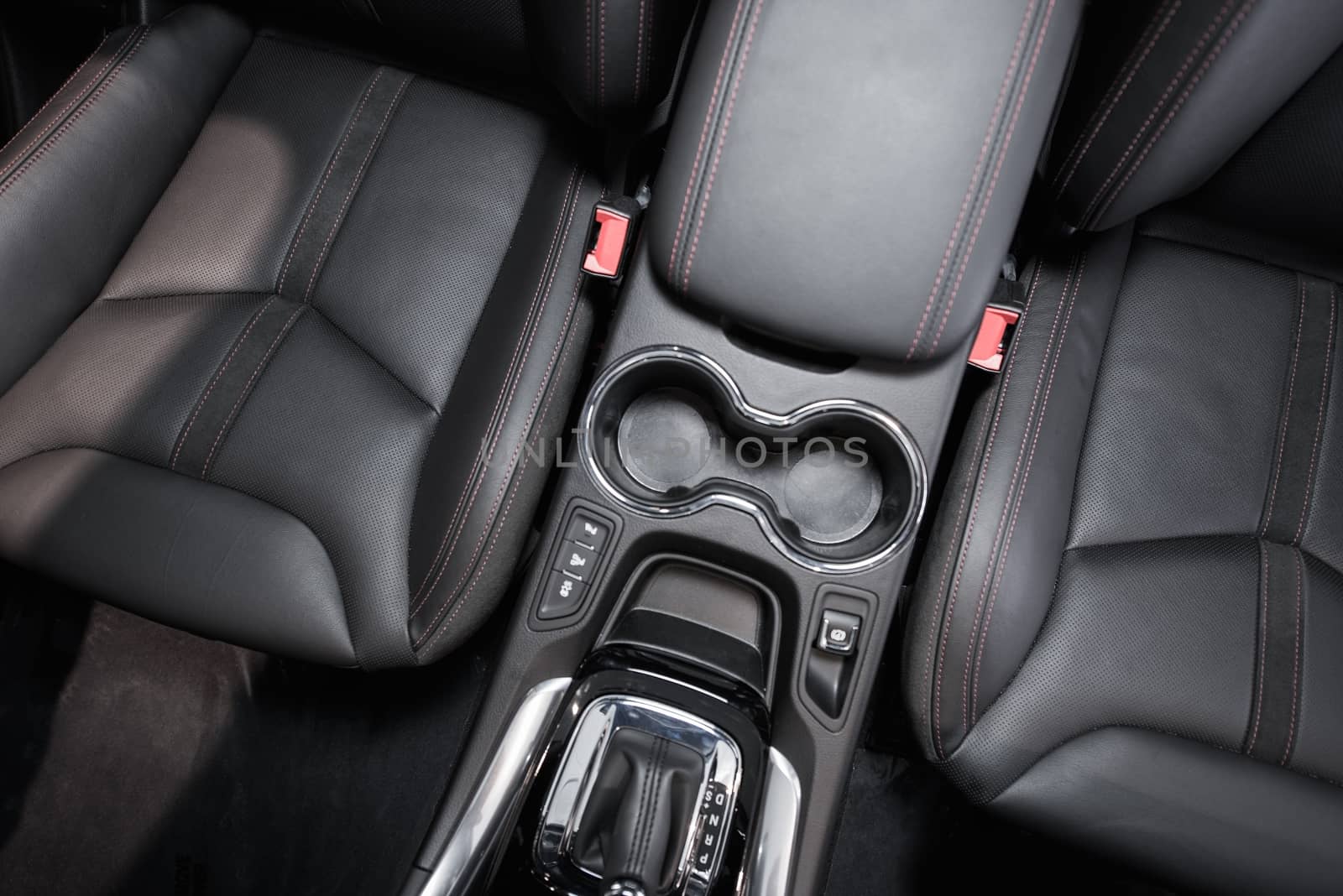 Modern Car Interior Top View. Black Leather Brand New Car Interior.