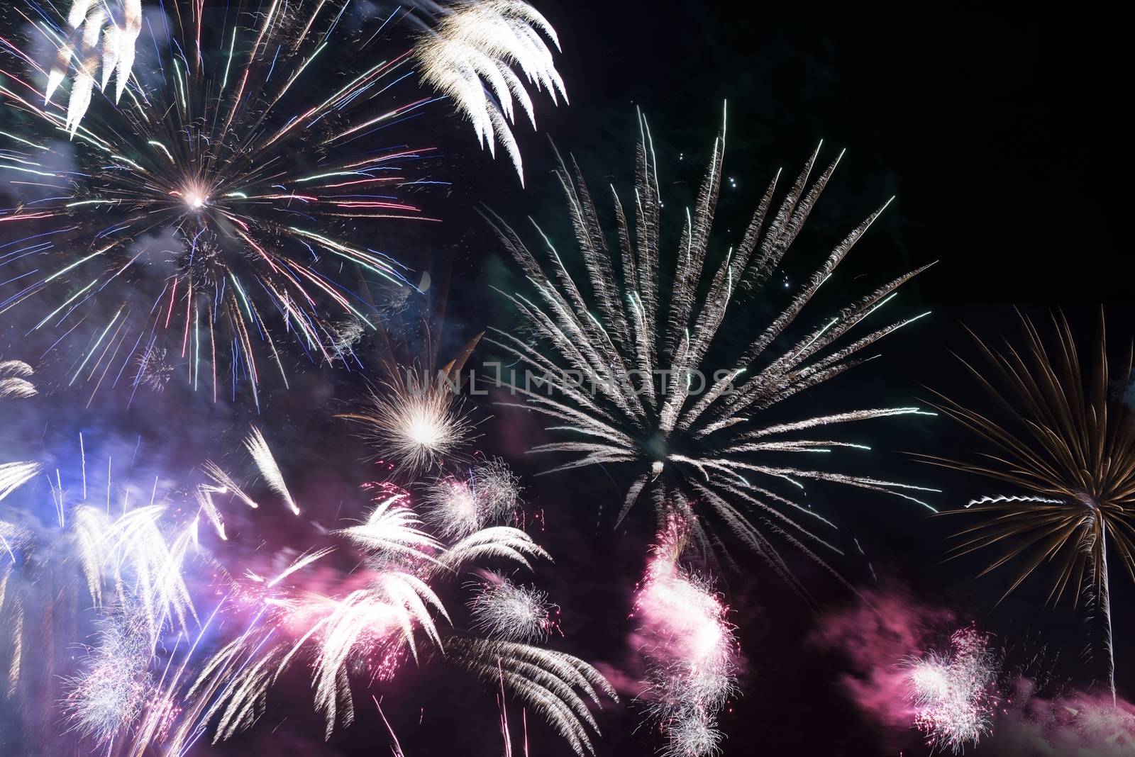 Fireworks on Black. Fireworks Compilation Photo. Celebration Theme.