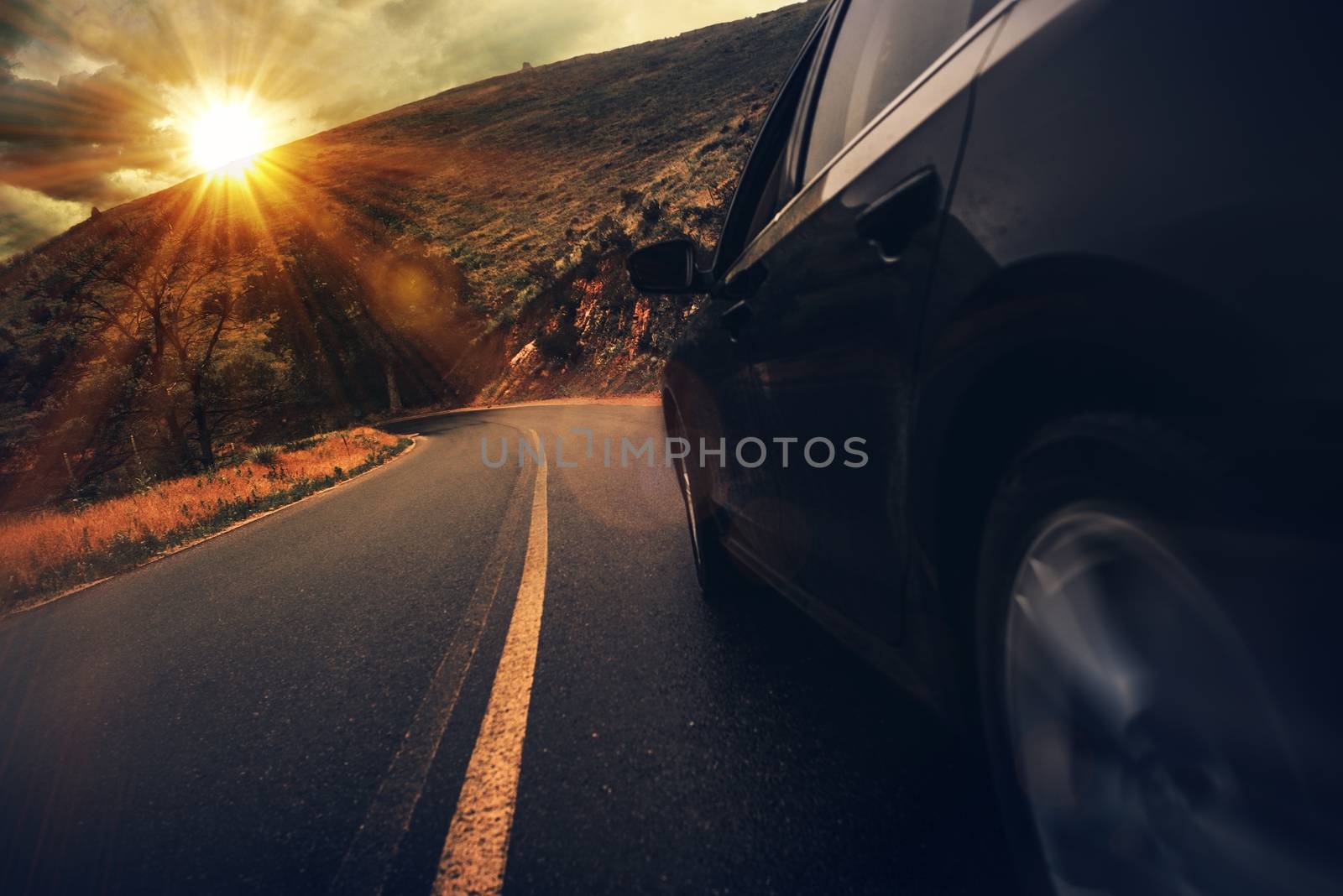 Summer Highway Drive. Mountain Road Driving at Sunset.
