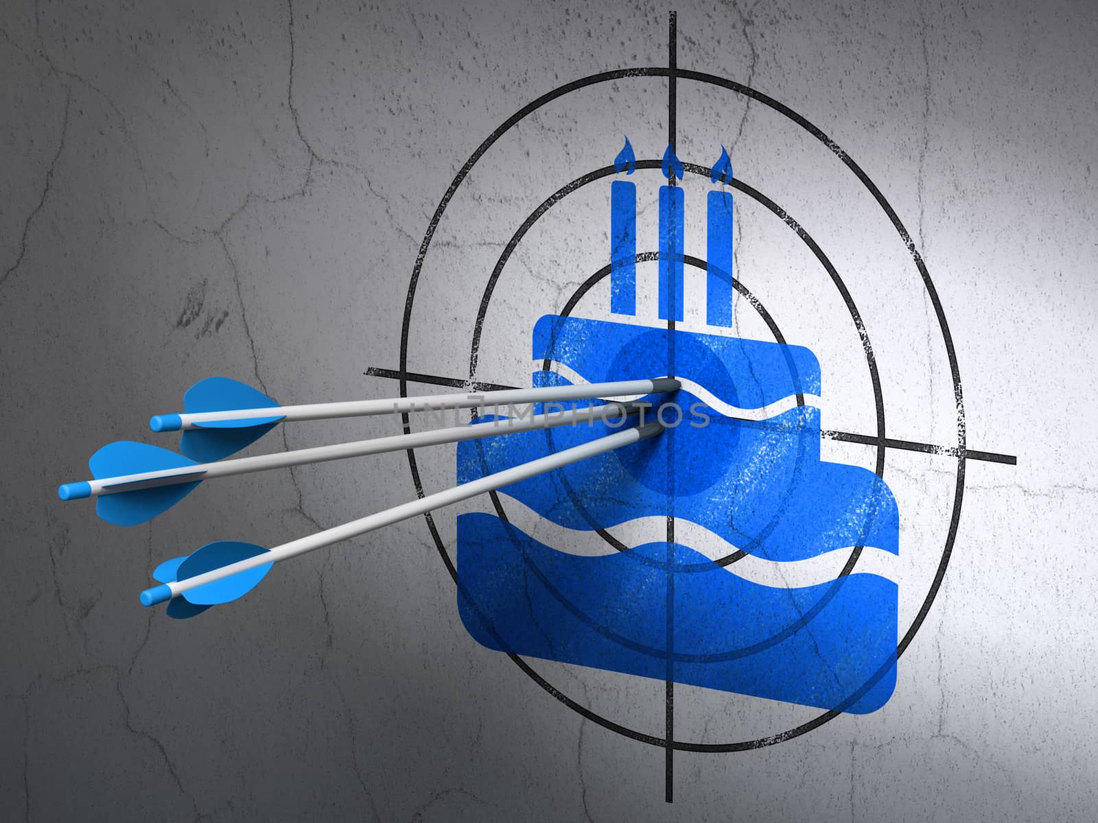 Success holiday concept: arrows hitting the center of Blue Cake target on wall background