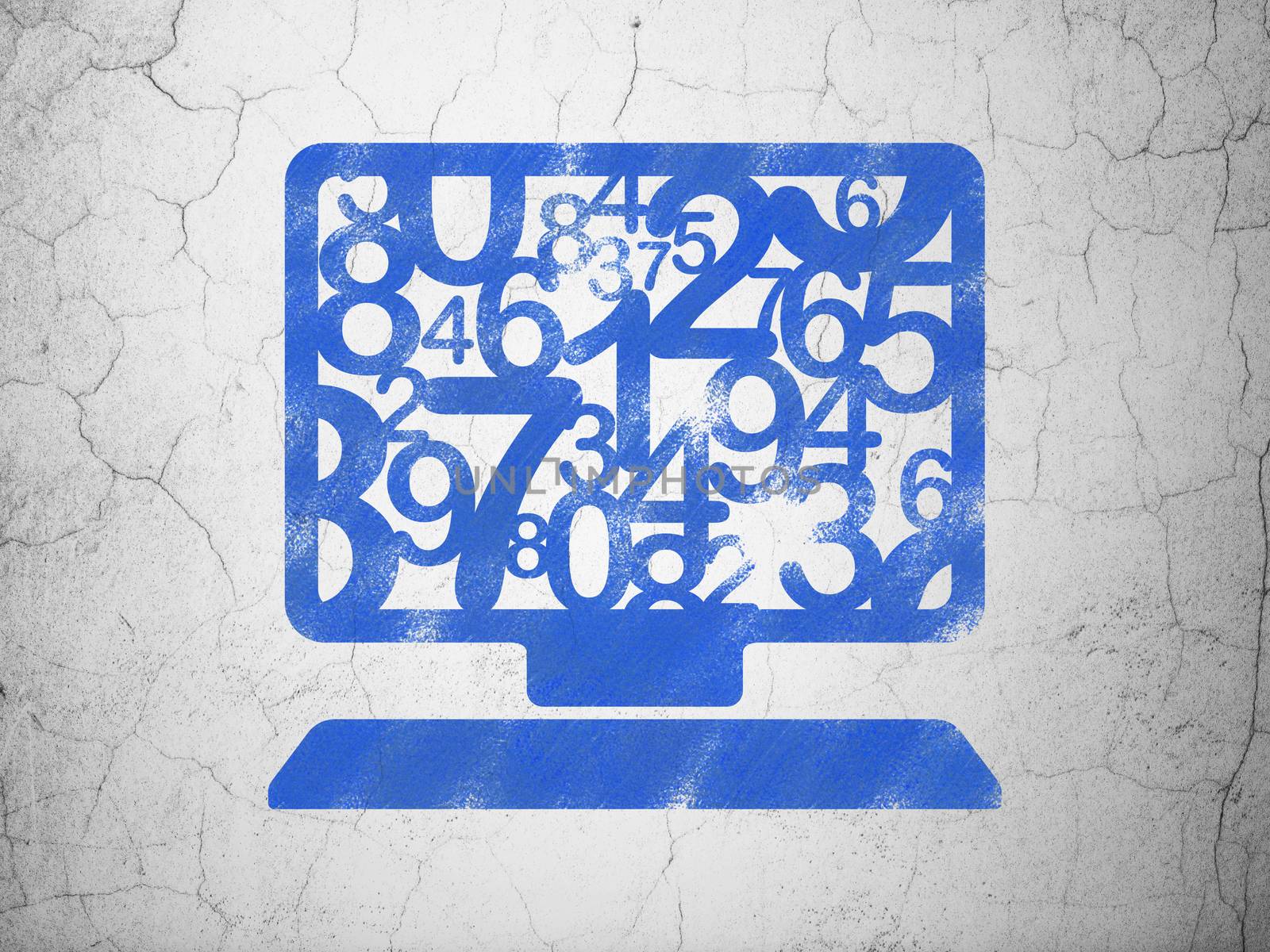 Studying concept: Blue Computer Pc on textured concrete wall background