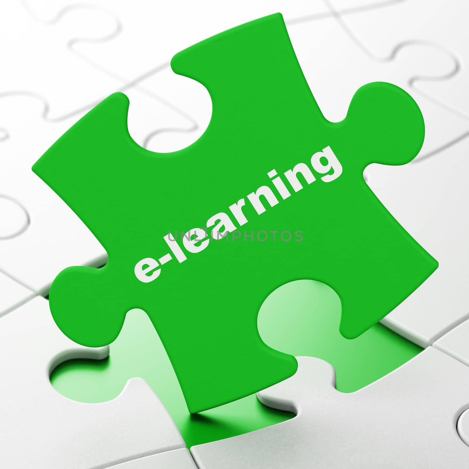 Studying concept: E-learning on Green puzzle pieces background, 3d render