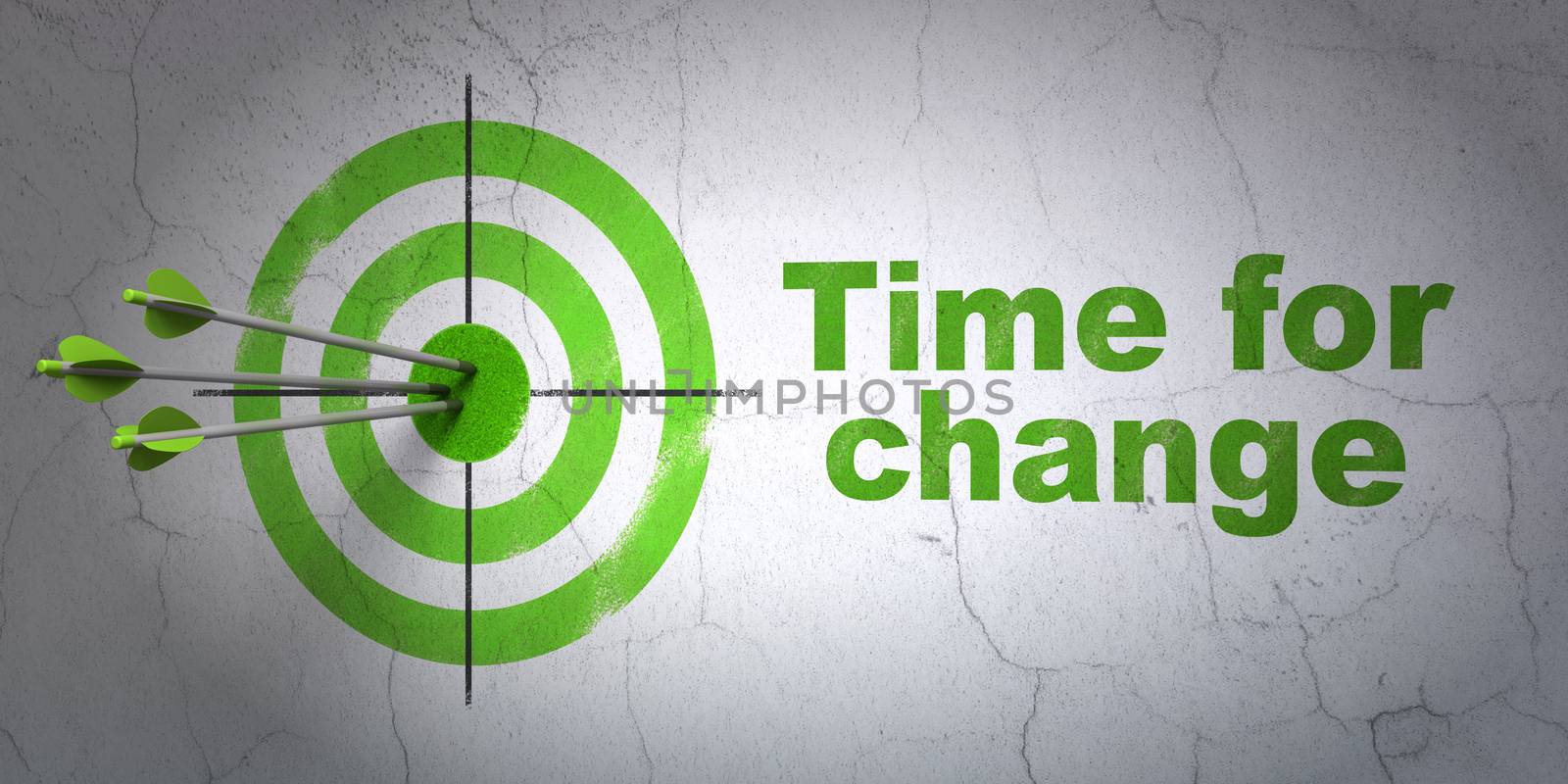 Success timeline concept: arrows hitting the center of target, Green Time for Change on wall background