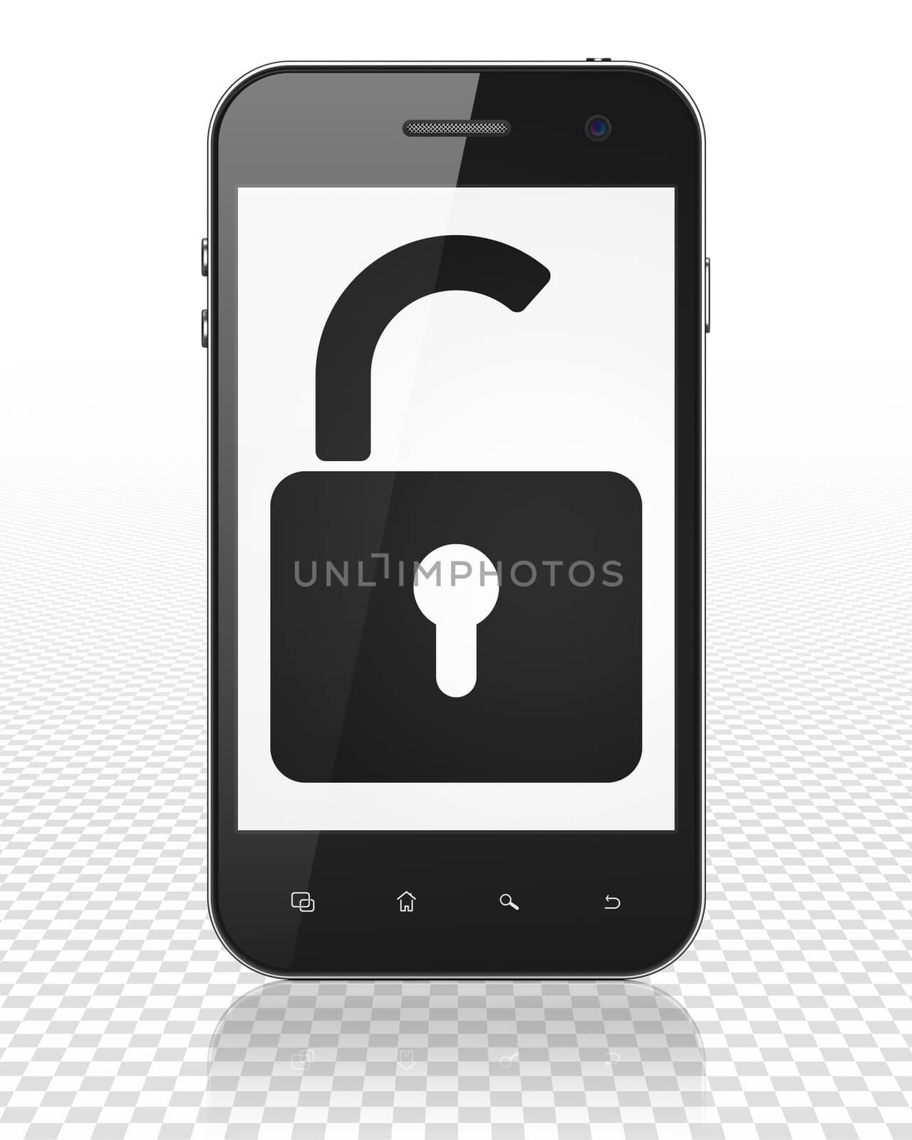 Protection concept: Smartphone with Opened Padlock on display by maxkabakov