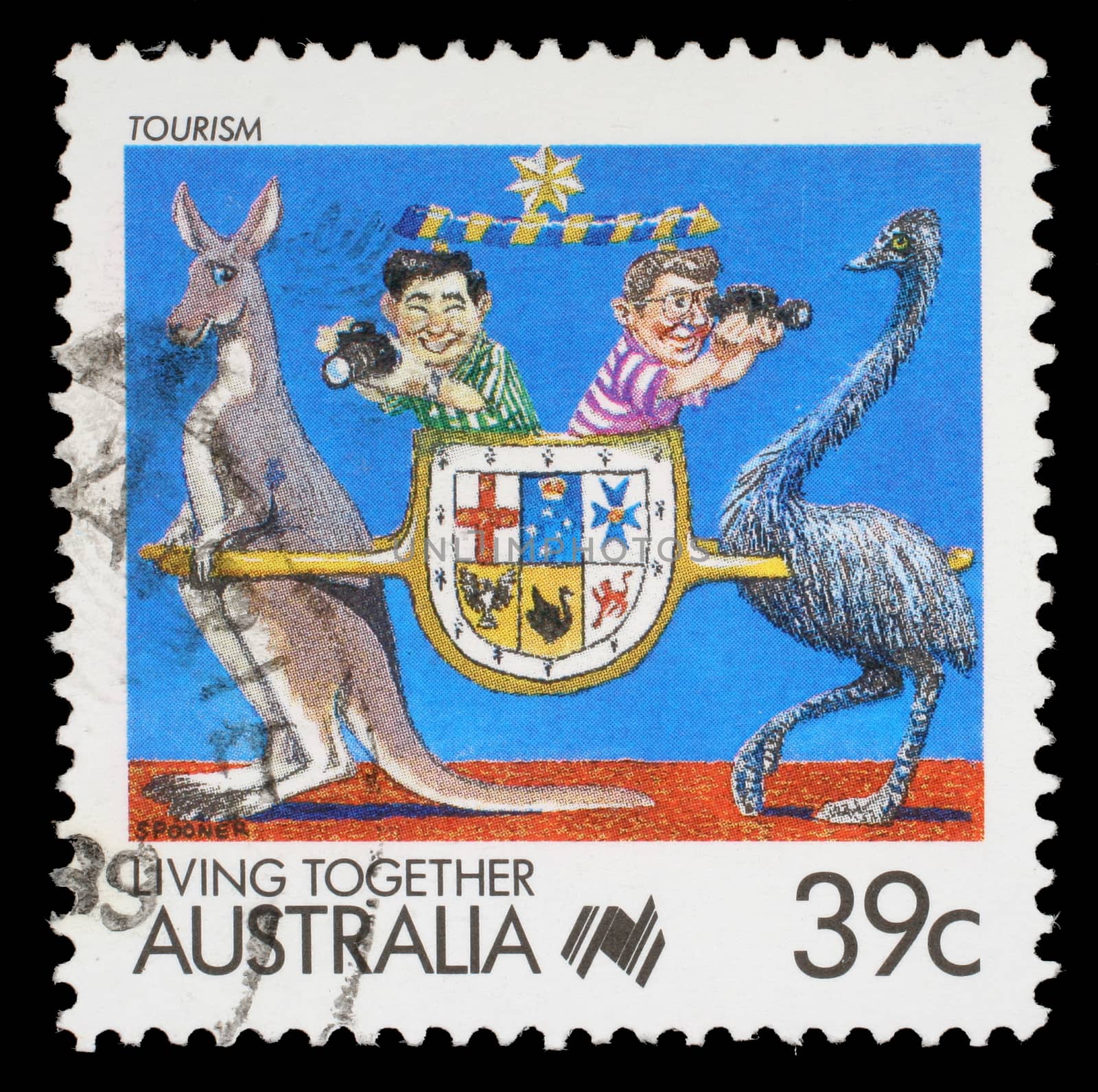 Stamp printed in Australia shows tourists, kangaroo and emu, circa 1988