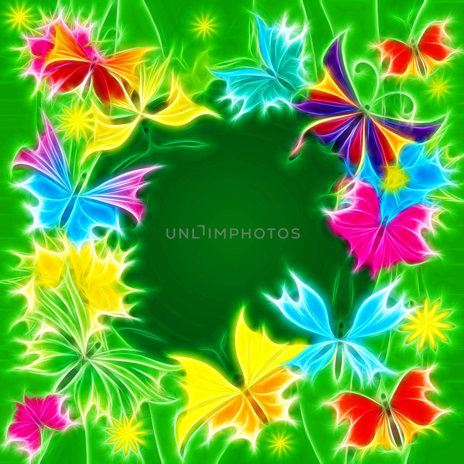 colorful butterflies on green background blank center