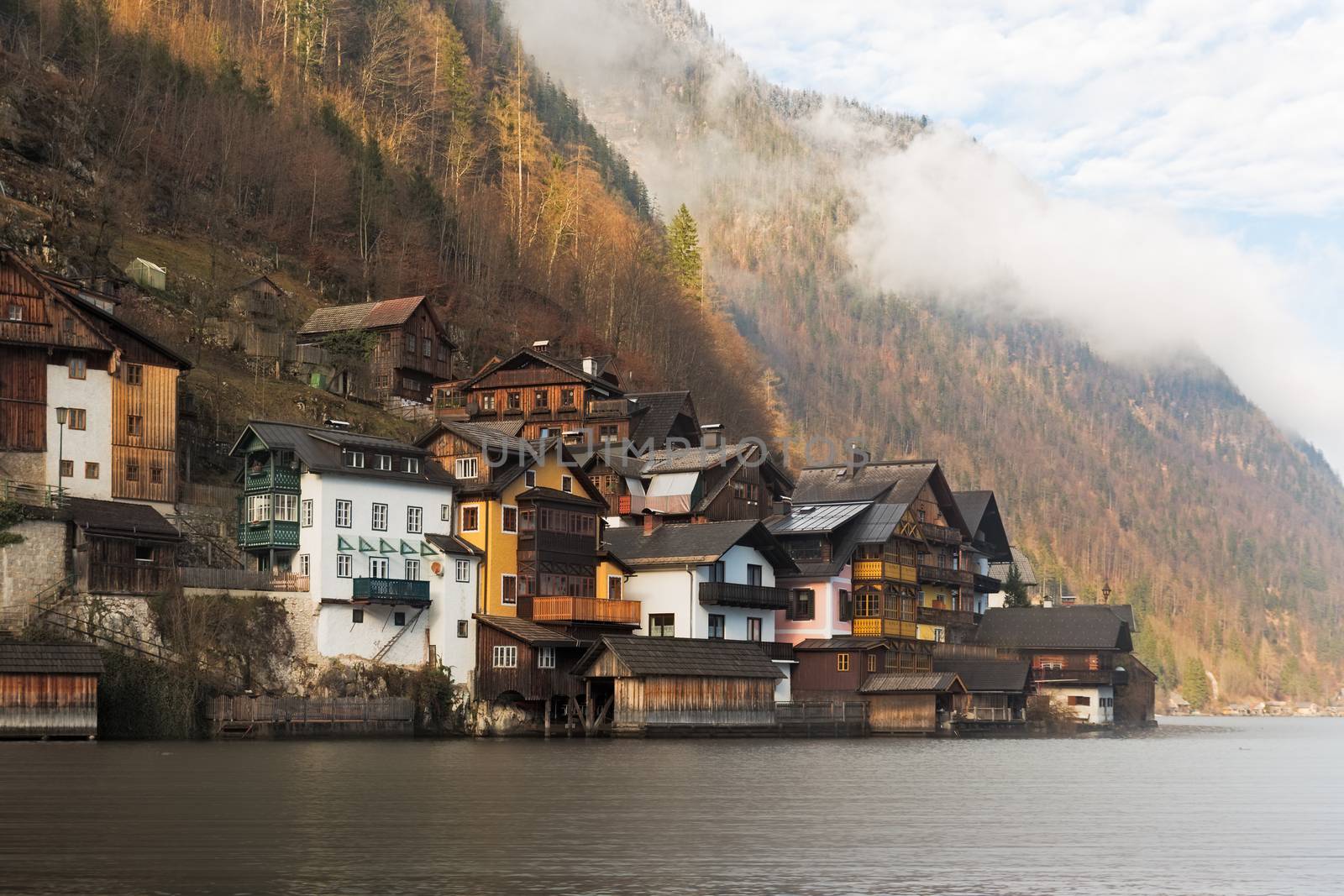 Historic houses at Lake Hallstatt, Alps, Austria by fisfra