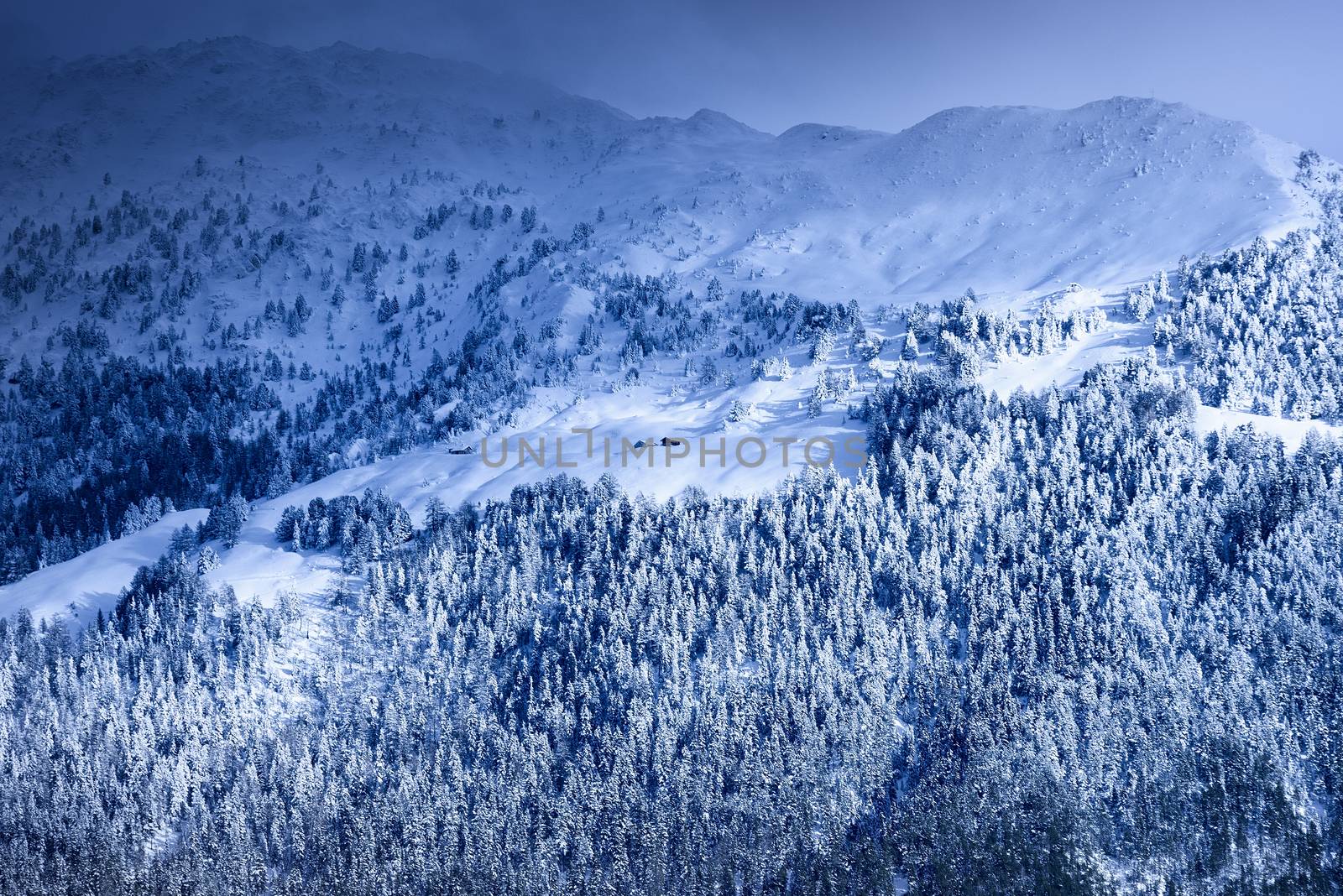 Beautiful panoramic view of winter landscape of alps mountains, France