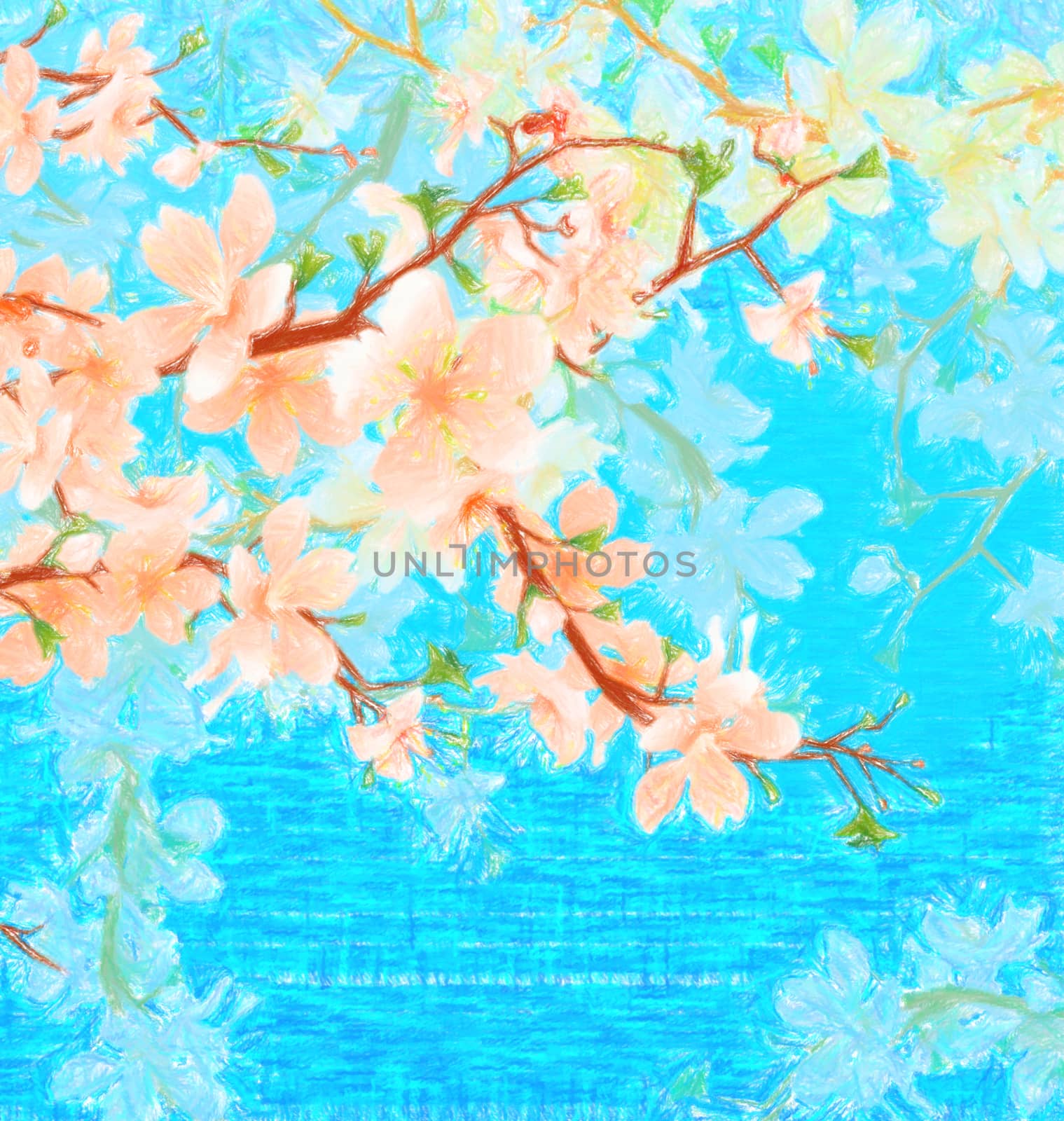 blossoming tree brunch in the garden on the blue sky background by CherJu