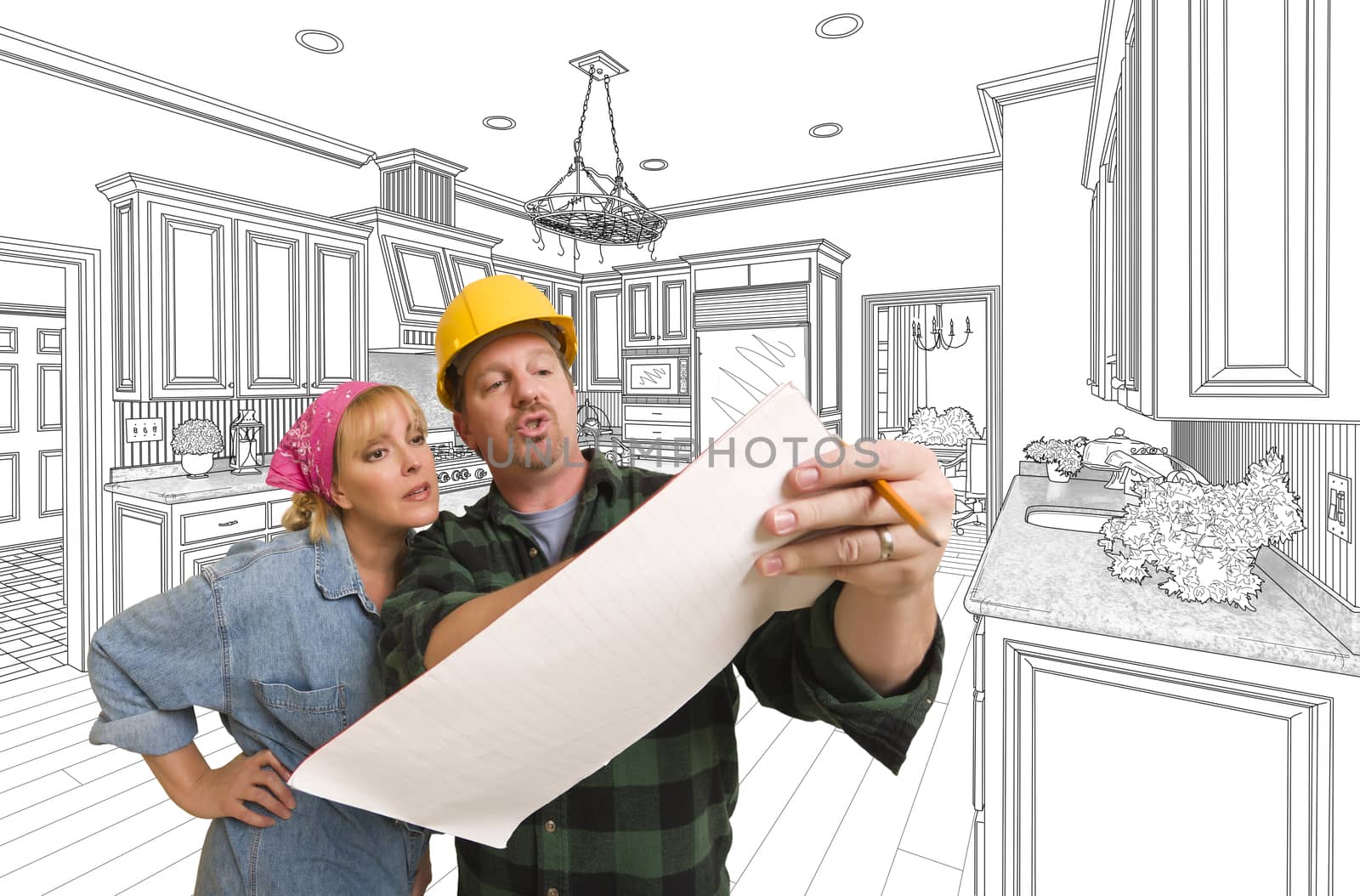 Male Contractor in Hard Hat Discussing Plans with Woman, Kitchen Drawing Behind.