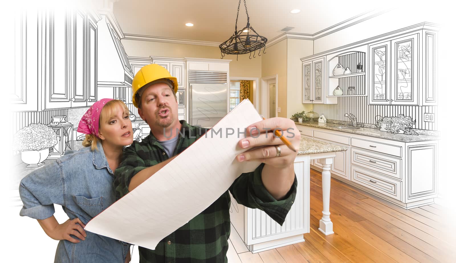 Male Contractor in Hard Hat Discussing Plans with Woman, Kitchen Drawing Photo Combination Behind.