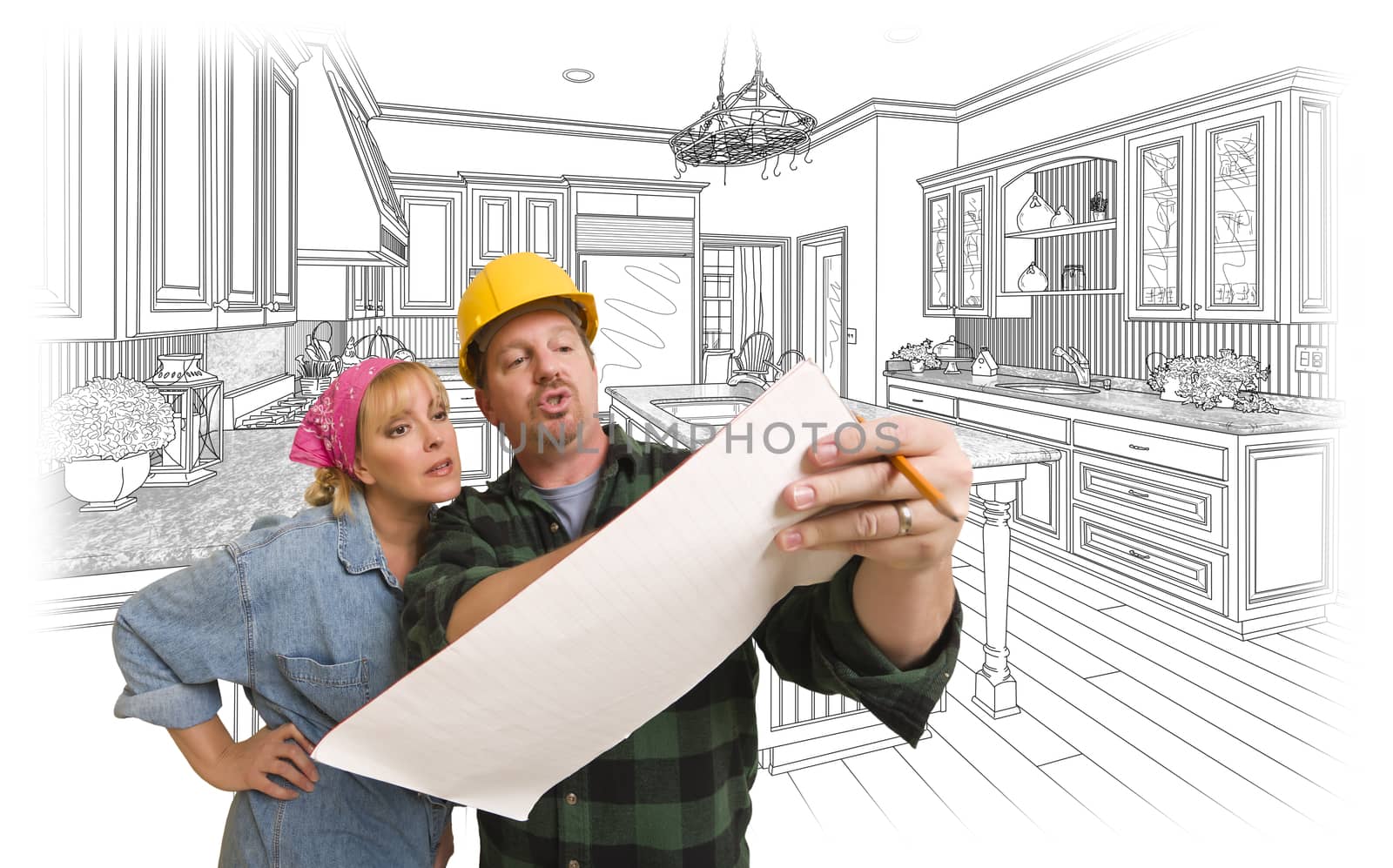 Male Contractor in Hard Hat Discussing Plans with Woman, Kitchen Drawing Behind.