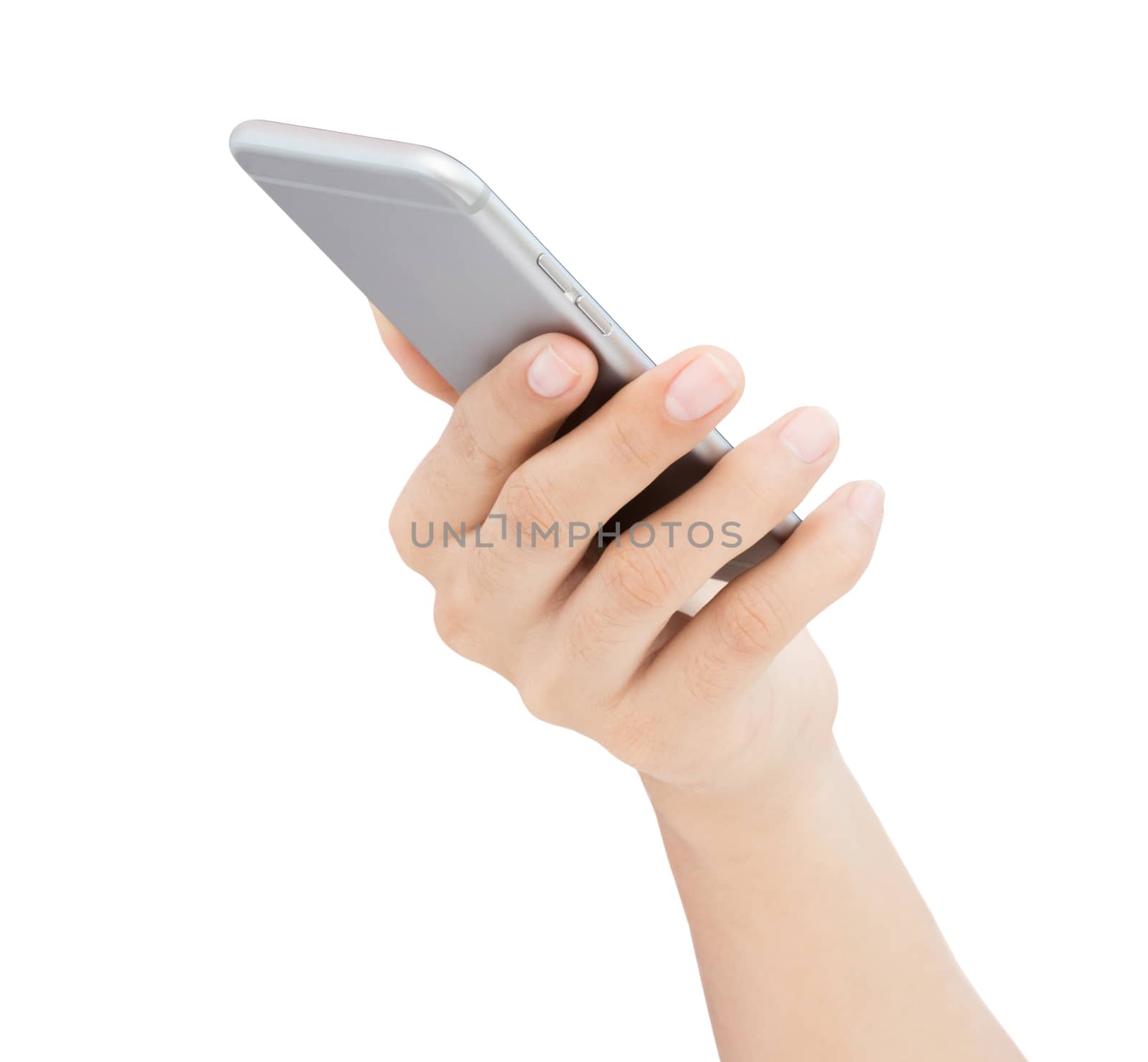 Hand holding phone on white background by blackzheep