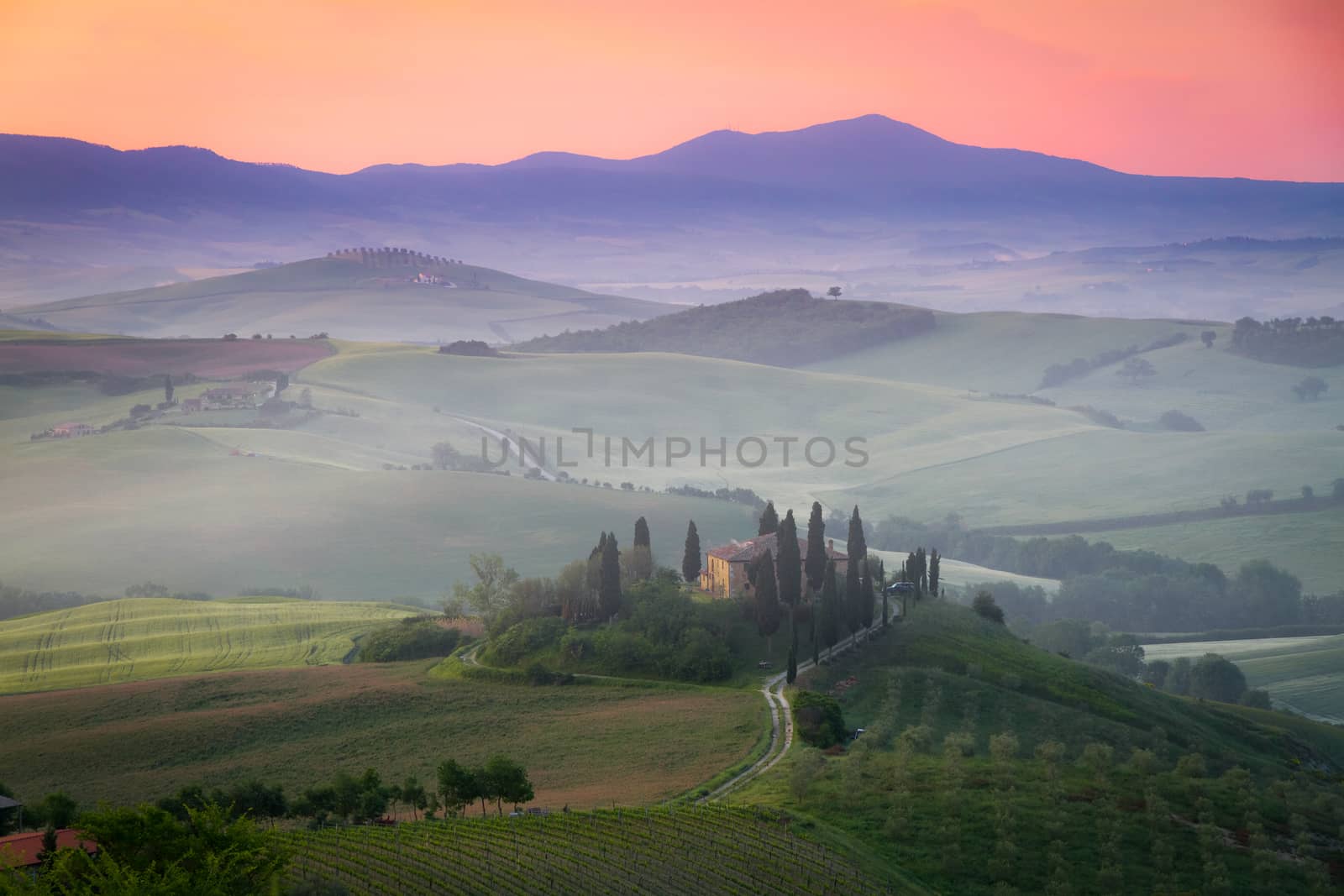 Tuscany Farmhouse Belvedere at dawn, San Quirico d'Orcia, Italy by fisfra