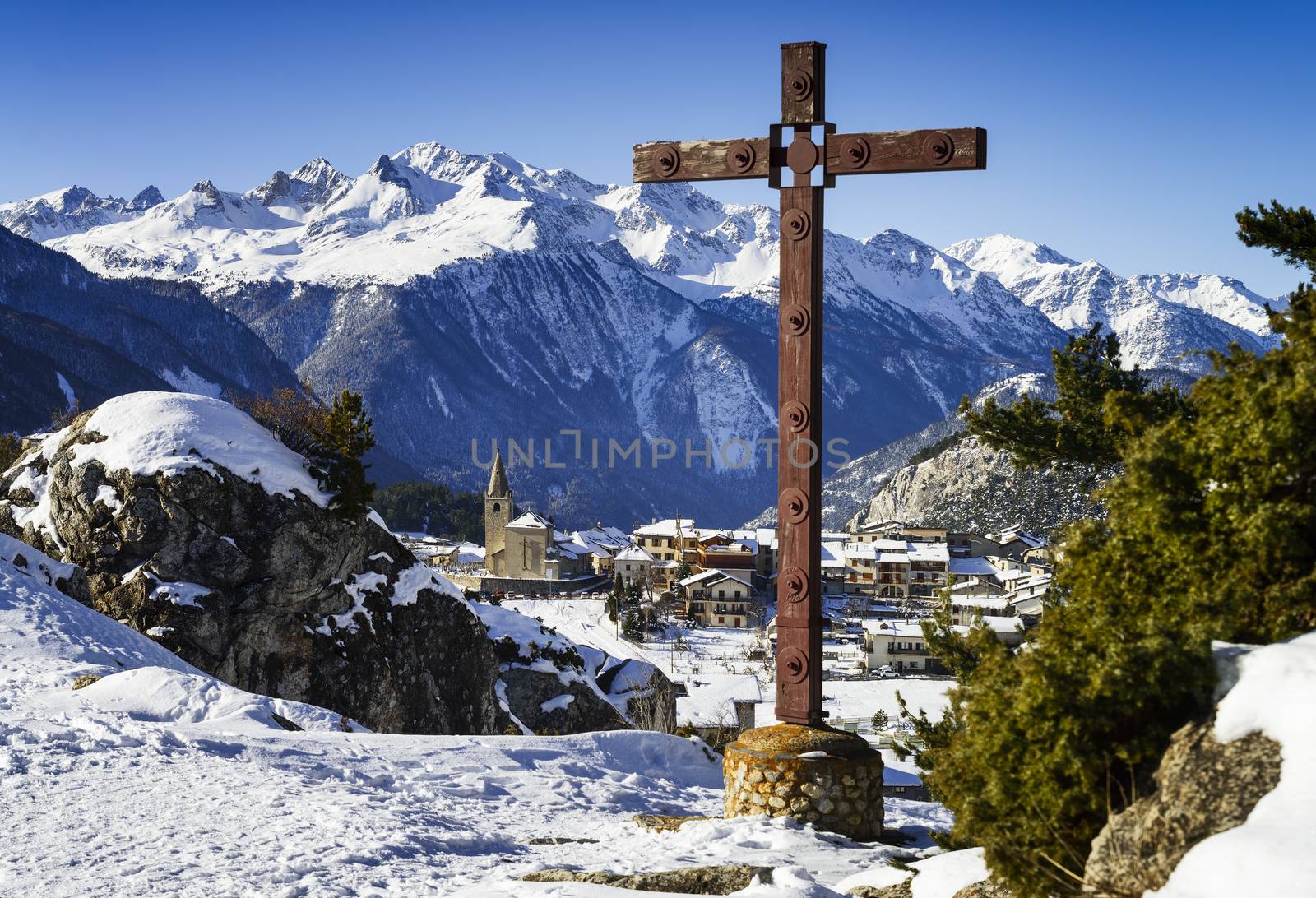 View of Aussois village and cross, France