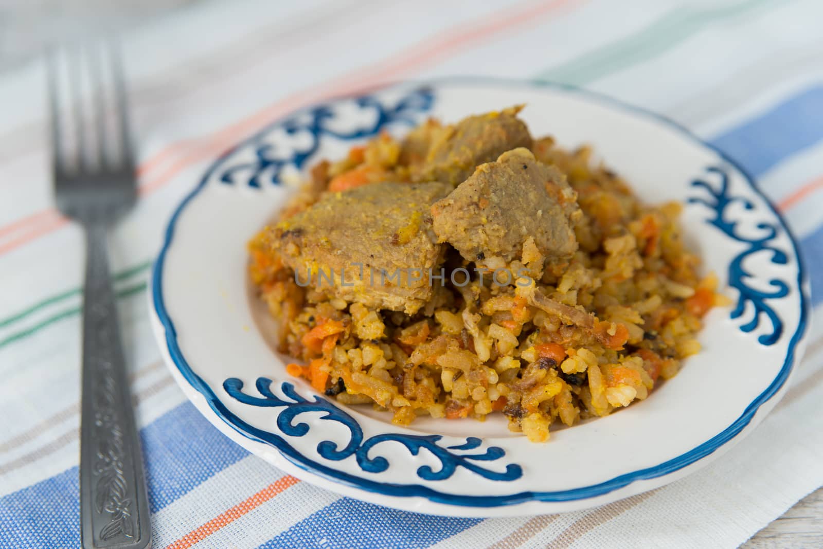 Plate of rice and meat dish pilau by Linaga