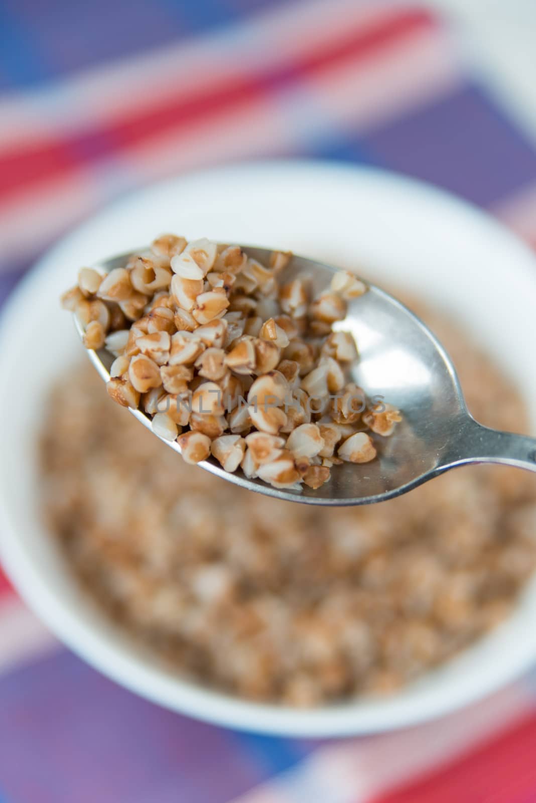 Vertical photo of the buckwheat cereal in the spoon