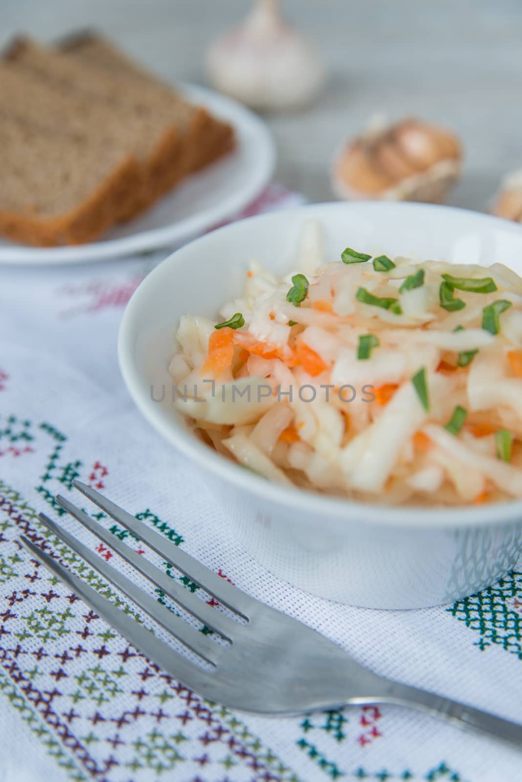 Plate of the sauerkraut with green onion