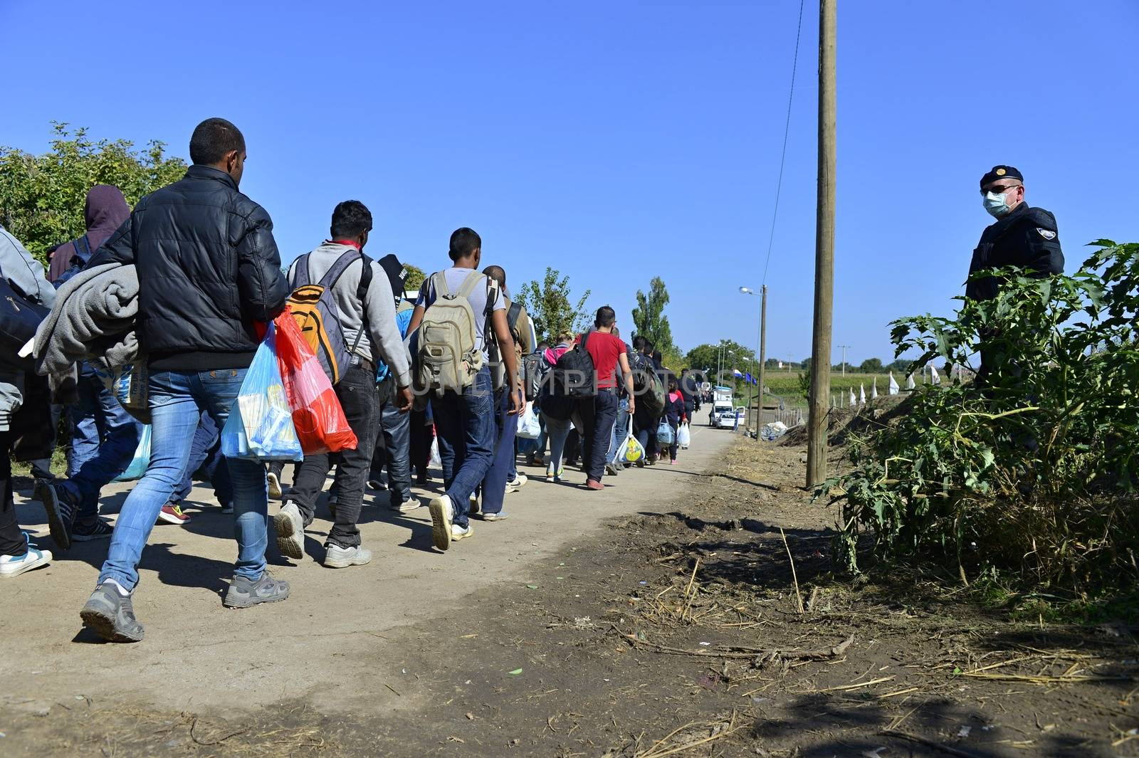 October 4, 2015; Bapska in Serbia. Group of refugees leaving Serbia. They came to Bapska by buses and then they leaving Serbia and go to Croatia and then to Germany. Many of them escapes from home because of civil war. 