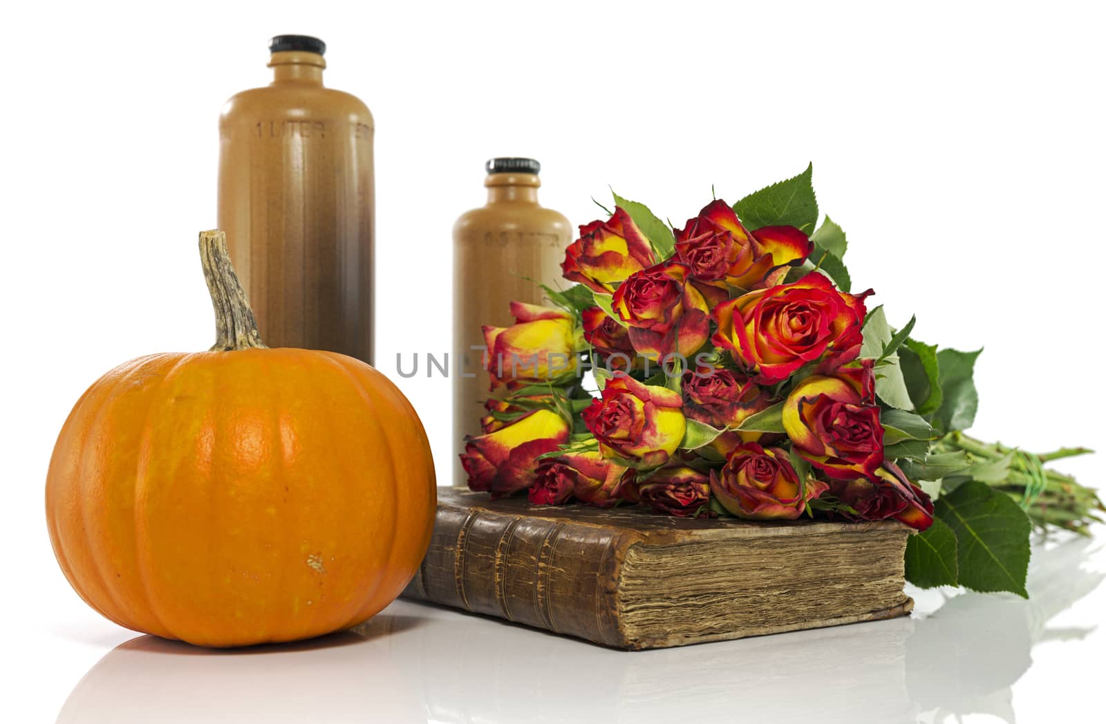 still life with red yellow roses on old book
